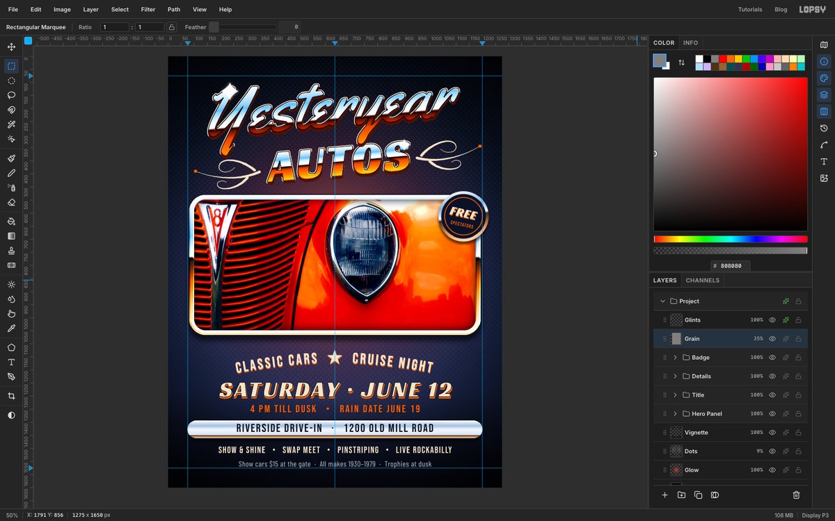 Lopsy with the finished Yesteryear Autos flier open at fit-to-screen zoom. Chrome script and block lettering sit above a chrome-framed photo of an orange vintage car grille, with the show details below and the Layers panel listing the Glints, Grain, Badge, Details, Title and Hero Panel layers