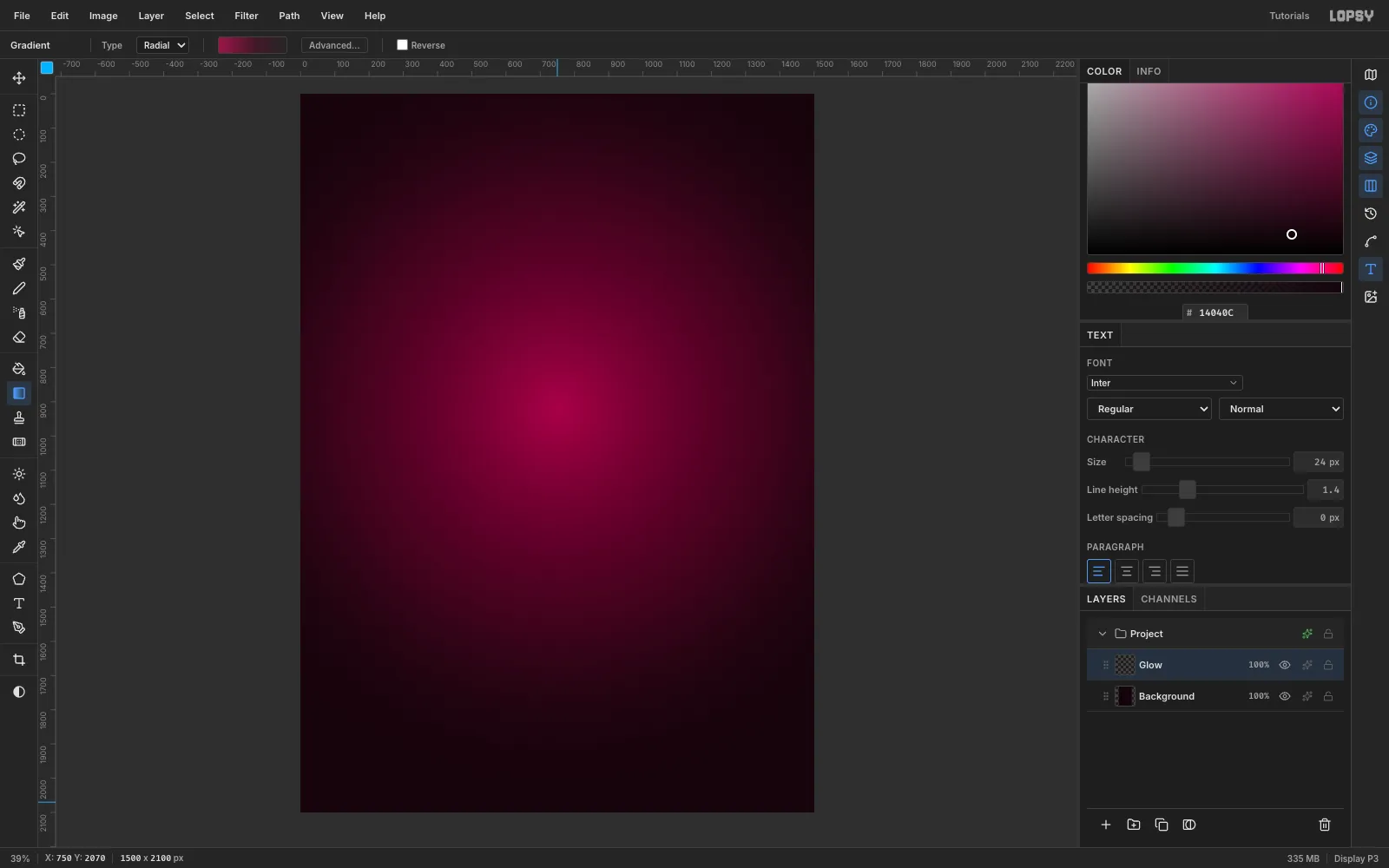 Lopsy with a 1500 by 2100 document showing a black-cherry background and a soft magenta radial glow in the middle