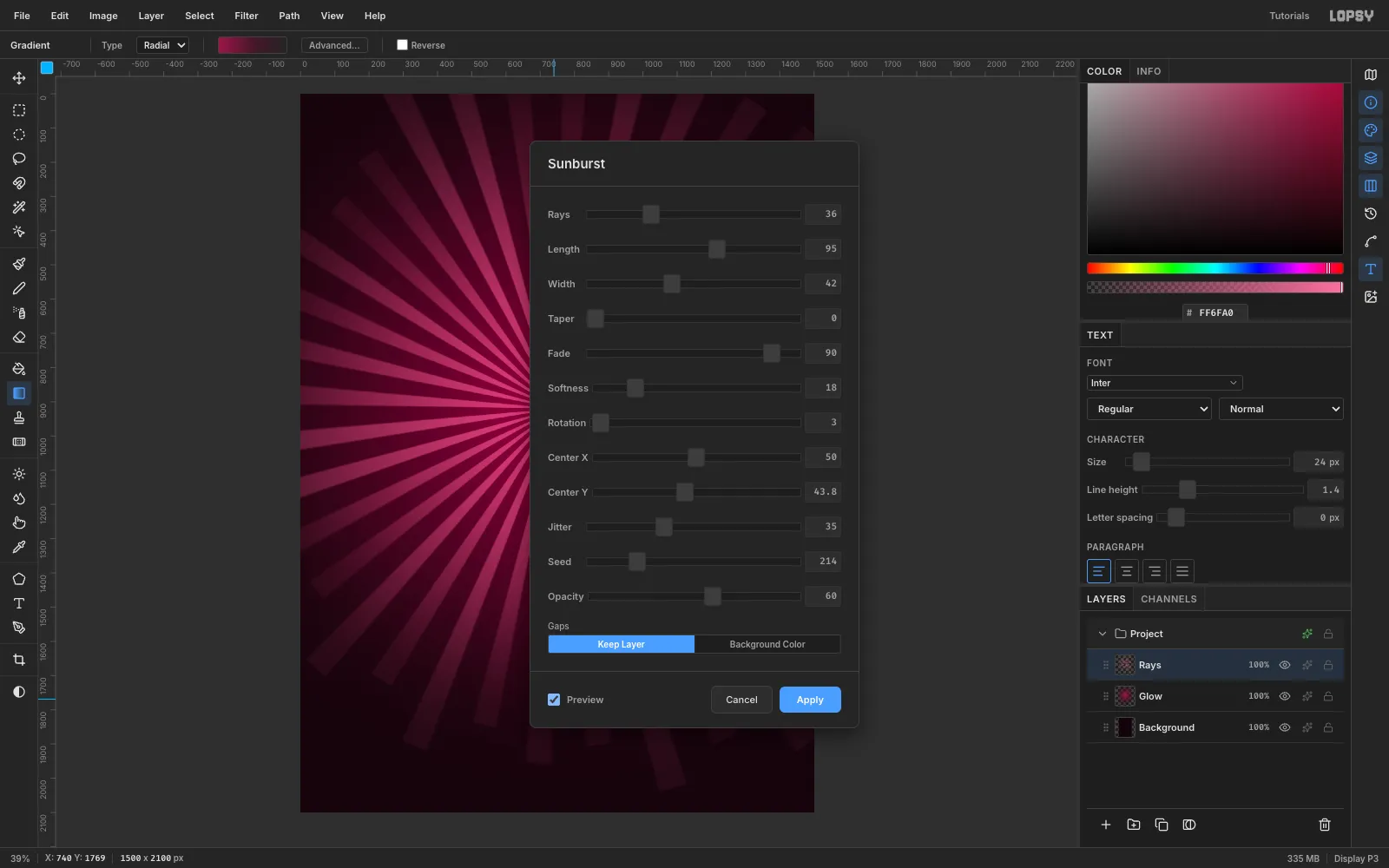 The Sunburst filter dialog open over the canvas with Preview on, showing pink rays radiating from just above the centre