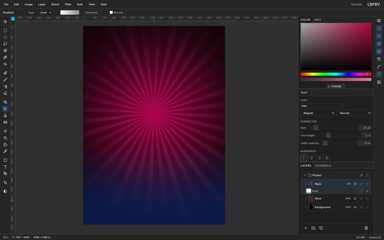 The Rays layer in mask edit mode with a blue overlay across the bottom of the canvas where the gradient mask hides the rays