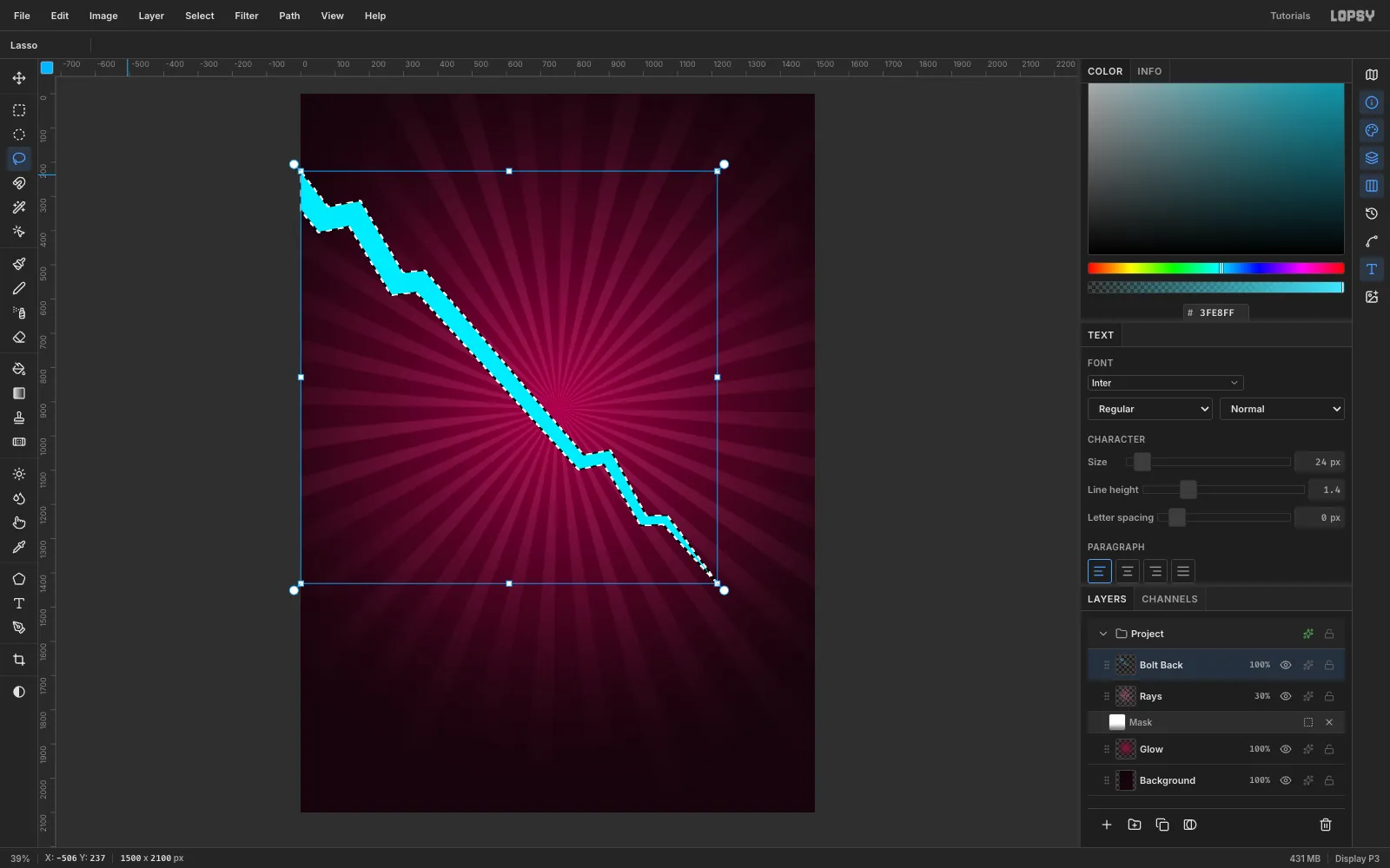 A cyan lightning bolt filled on its own layer, zig-zagging from the left edge of the canvas down to the lower right, with its lasso selection still showing