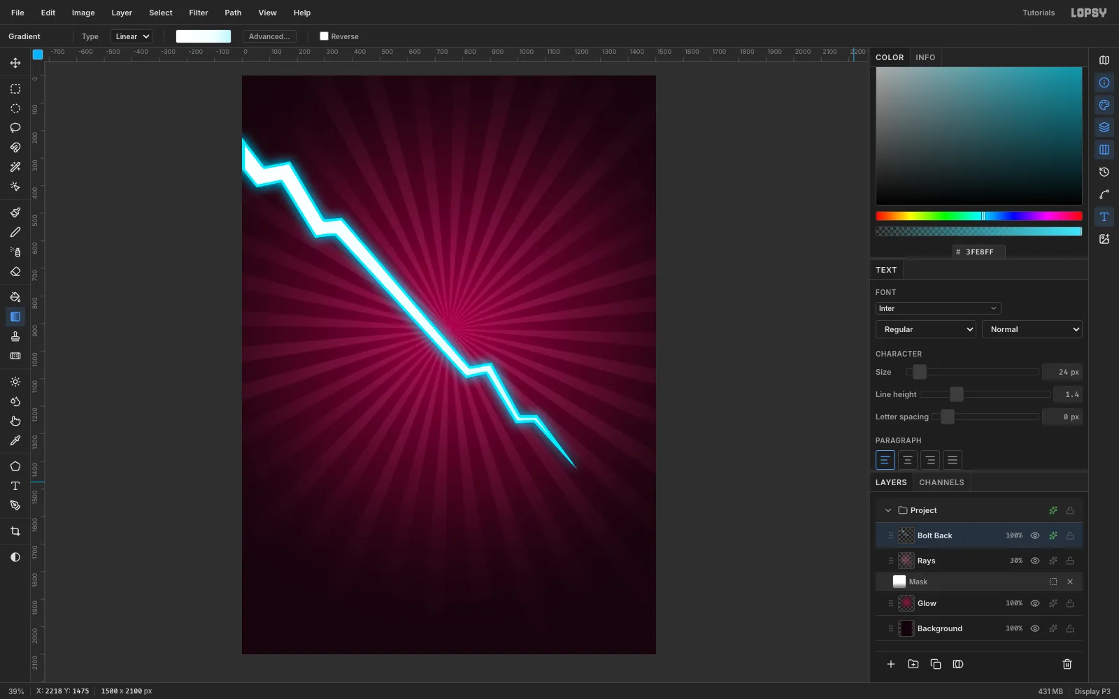 The bolt now has a white core inside a thin cyan edge and a soft cyan outer glow over the sunburst