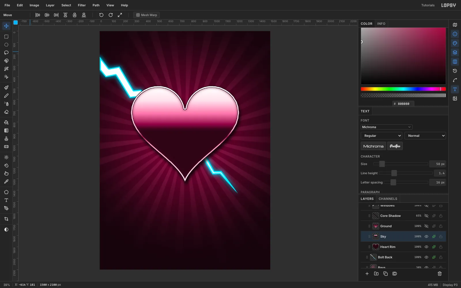 The top of the heart face filled with a vertical gradient from white through pink to deep cherry, with the lower half still dark