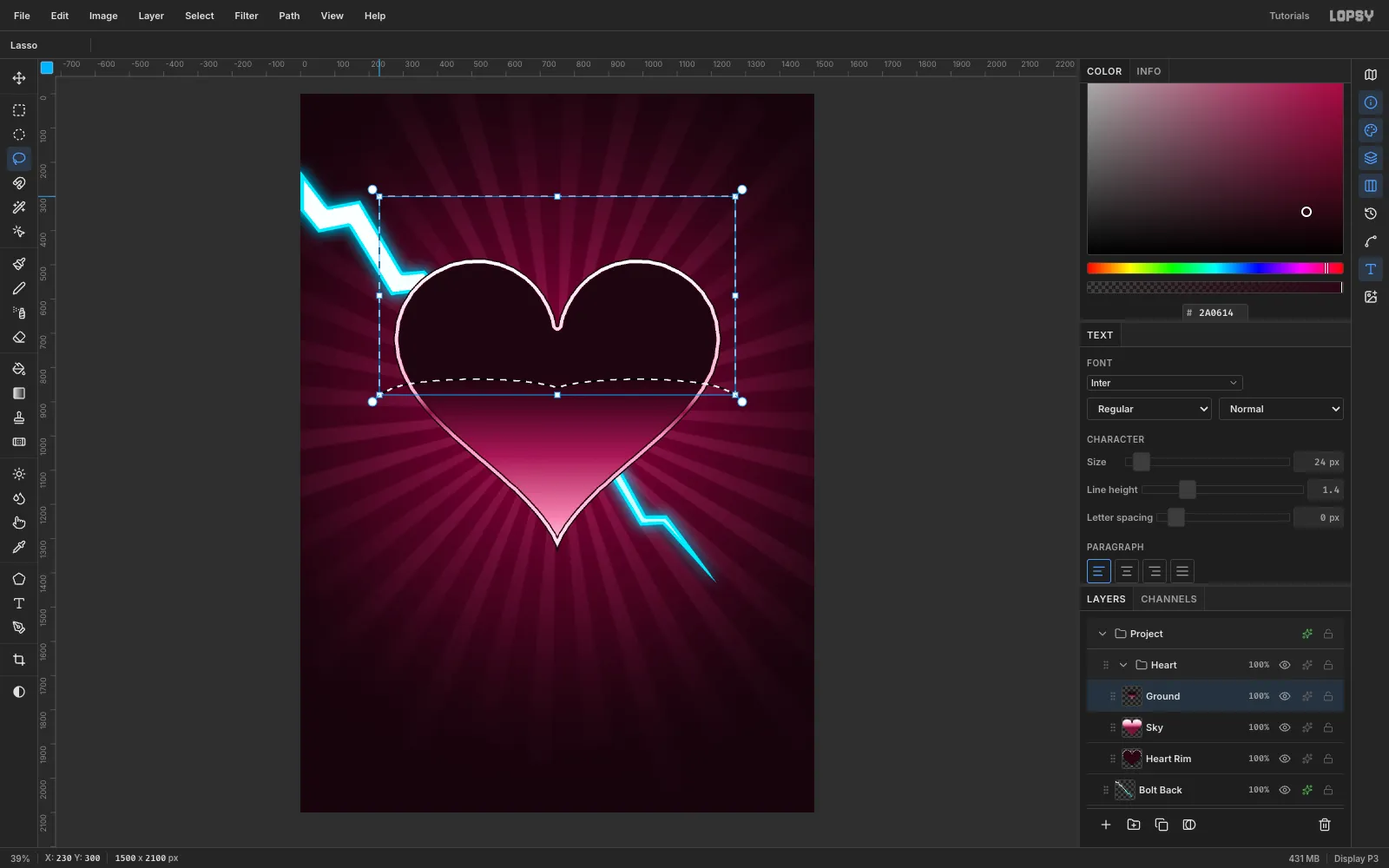 A lasso selection following a gently curved horizon line across the middle of the heart, over a ground gradient that fills the whole face
