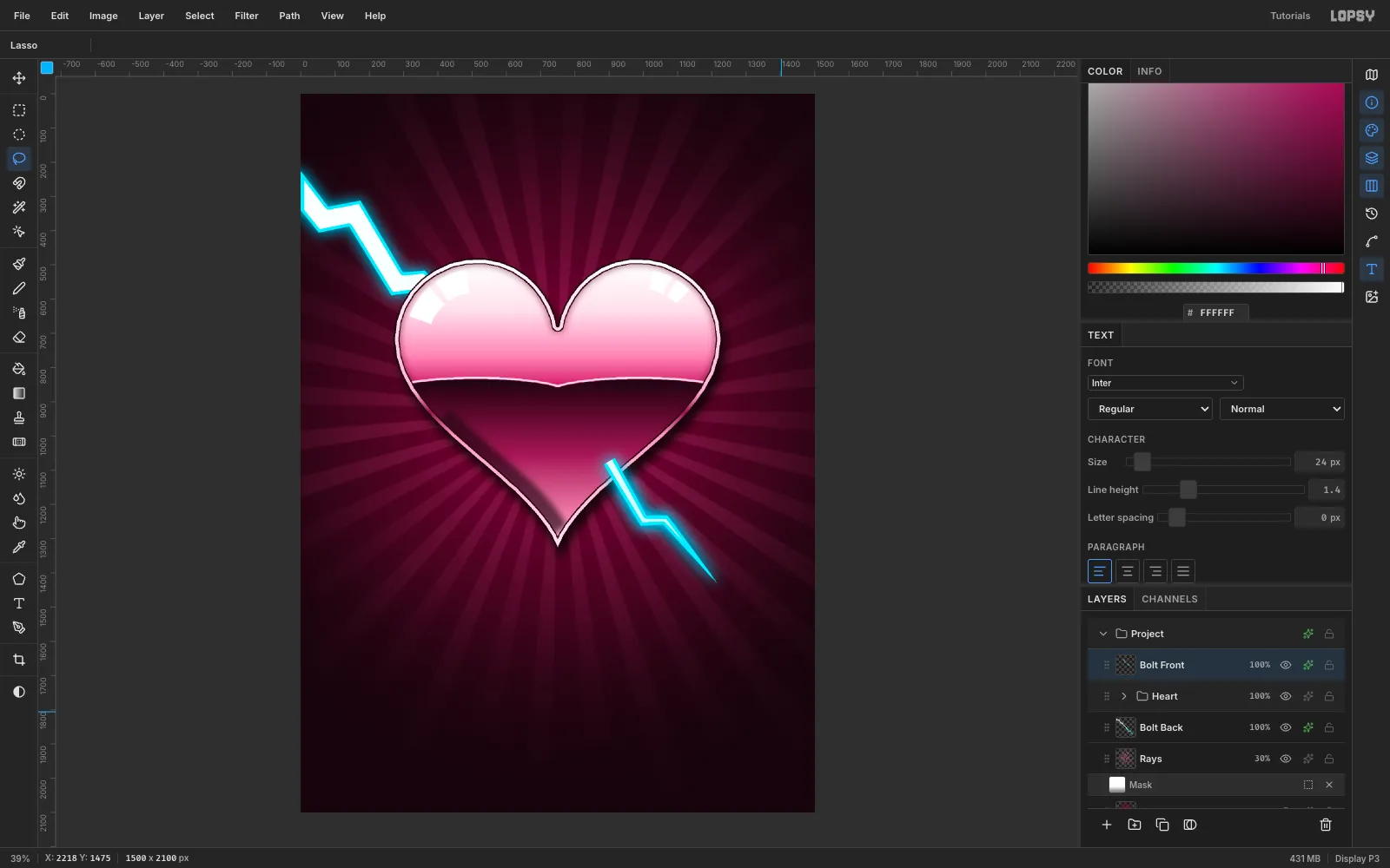 The bolt tip now drawn over the heart's lower right edge with its own cyan glow