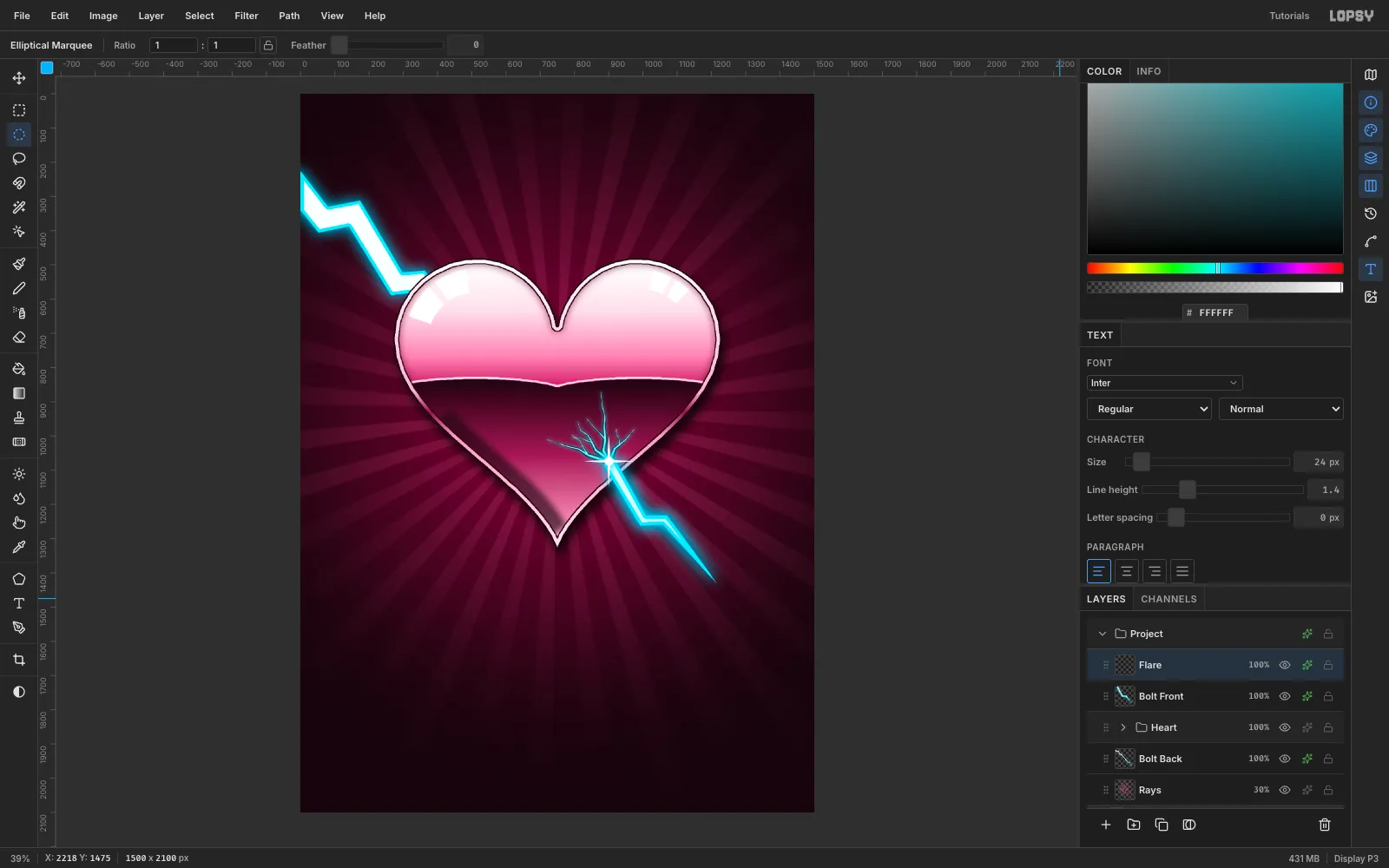 Thin glowing cyan cracks with dark edges radiating from the point where the bolt leaves the heart, with a white four-point star flare at the impact