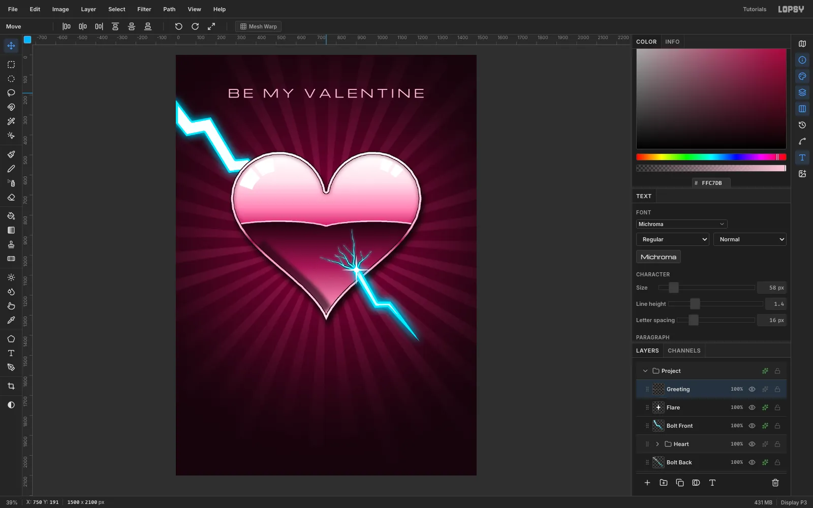 BE MY VALENTINE set in pale pink tracked Michroma capitals centred at the top of the card