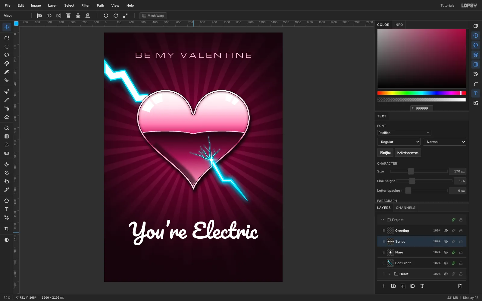 You're Electric typed in white Pacifico below the heart, centred