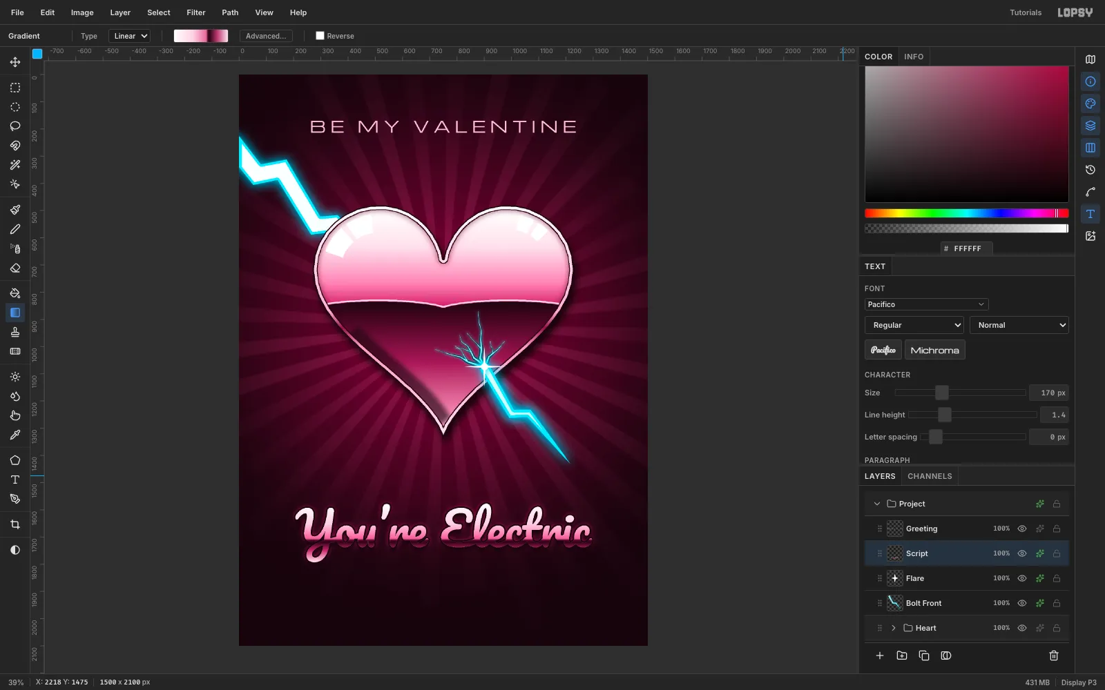 You're Electric now filled with a pink chrome gradient with a dark horizon band, a black outline, a pink glow and a drop shadow