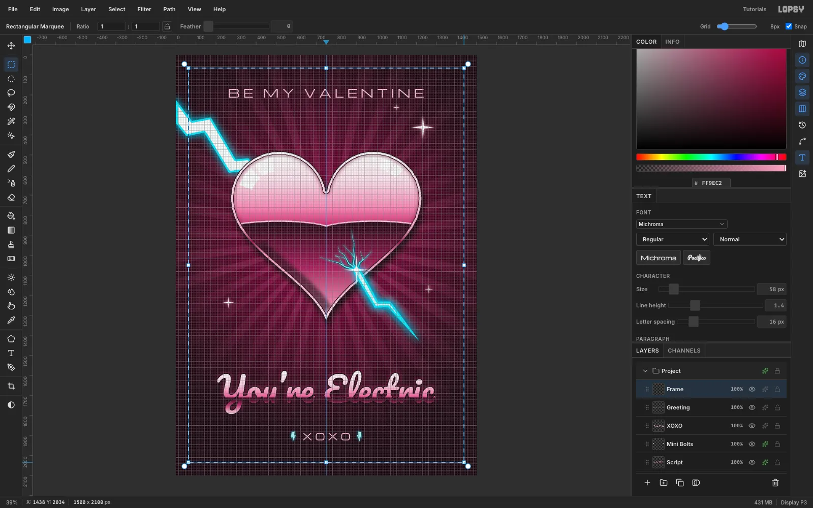 The grid shown over the card with a centre guide and a rectangular marquee snapped to the grid 62 px inside the edges