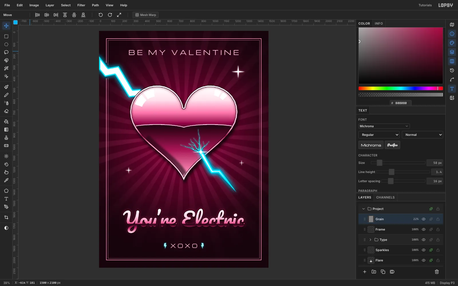Lopsy showing the finished chrome heart Valentine's card with the full layer stack in the Layers panel