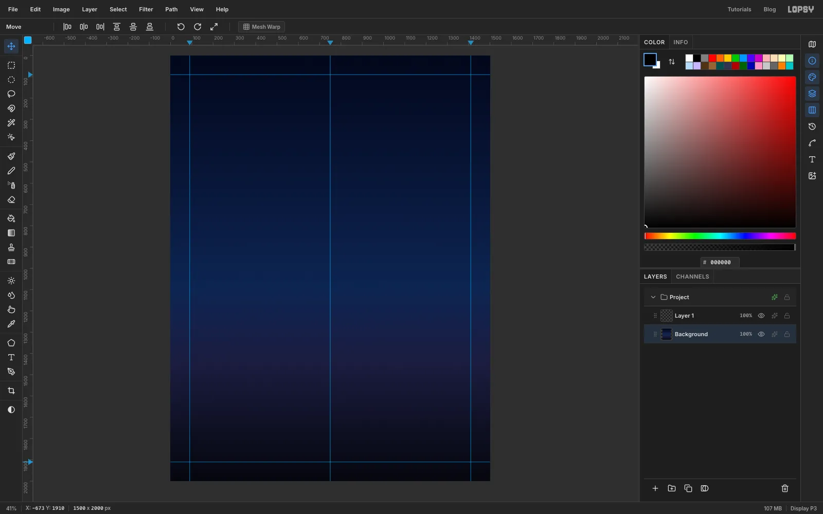 A 1500 by 2000 pixel canvas filled with a vertical gradient from near-black navy at the top through a brighter blue to a dark violet and black at the bottom, with blue guides 90 px in from each side, top and bottom, and one down the centre