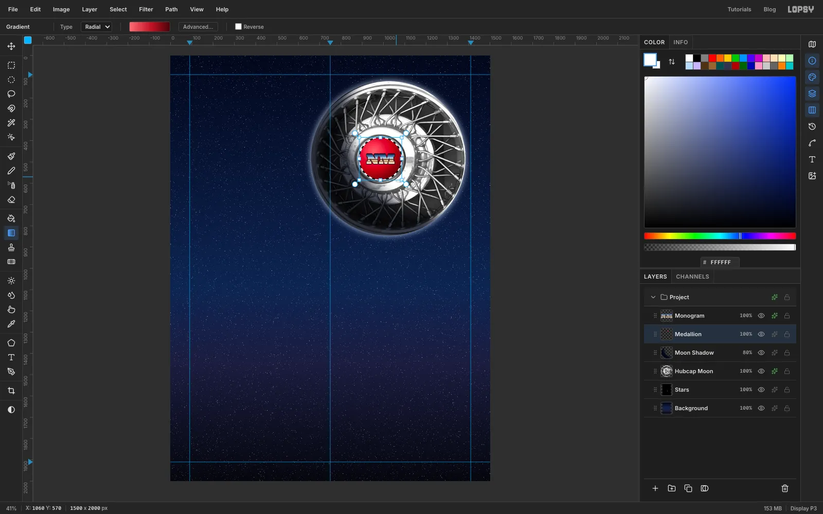 The hubcap's centre badge covered by a circular selection being filled with a glossy red radial gradient, with a small chrome NM monogram on top