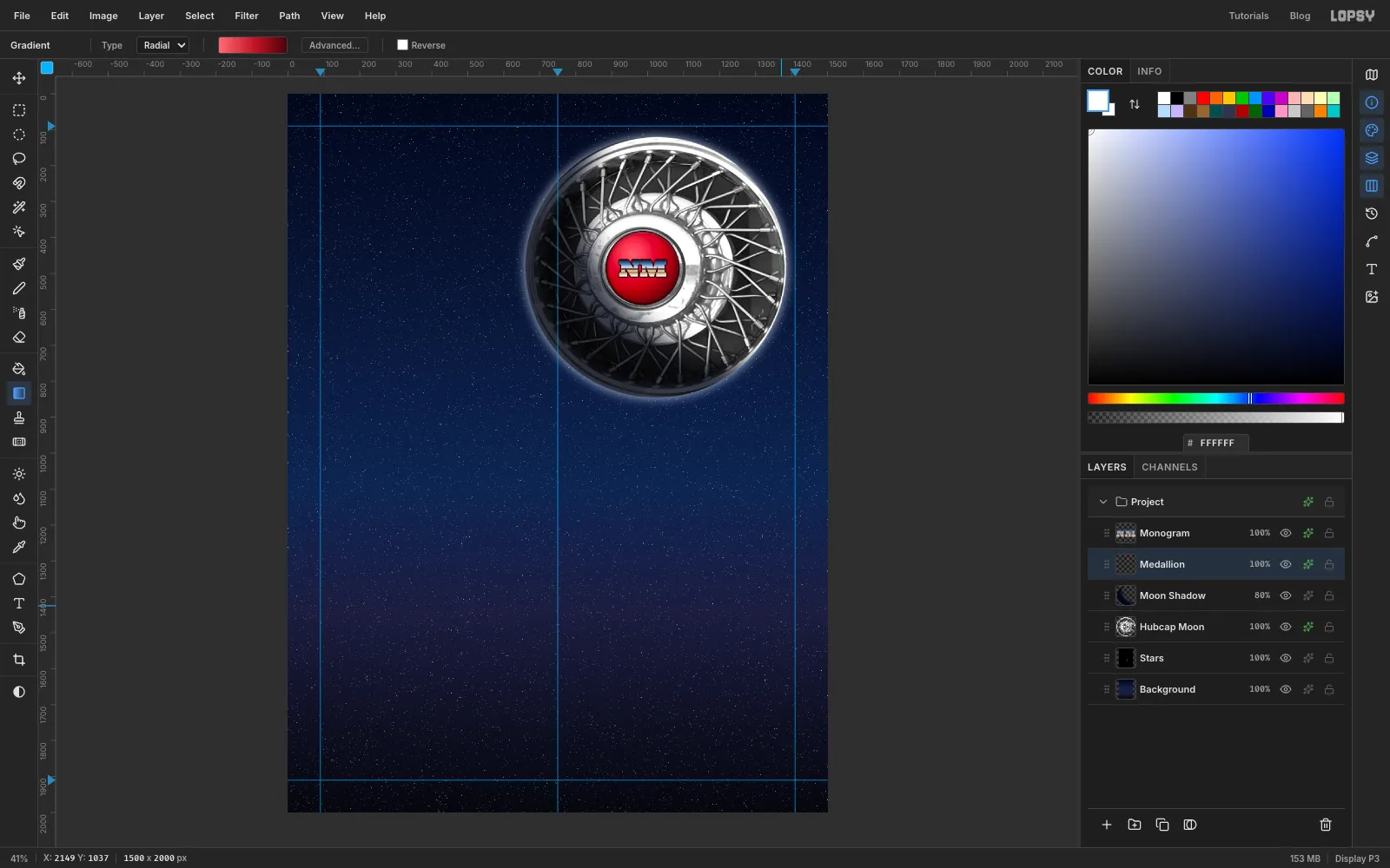 The finished badge: a glossy red disc with a thin dark rim and a chrome NM monogram, seated inside the hubcap's chrome hub