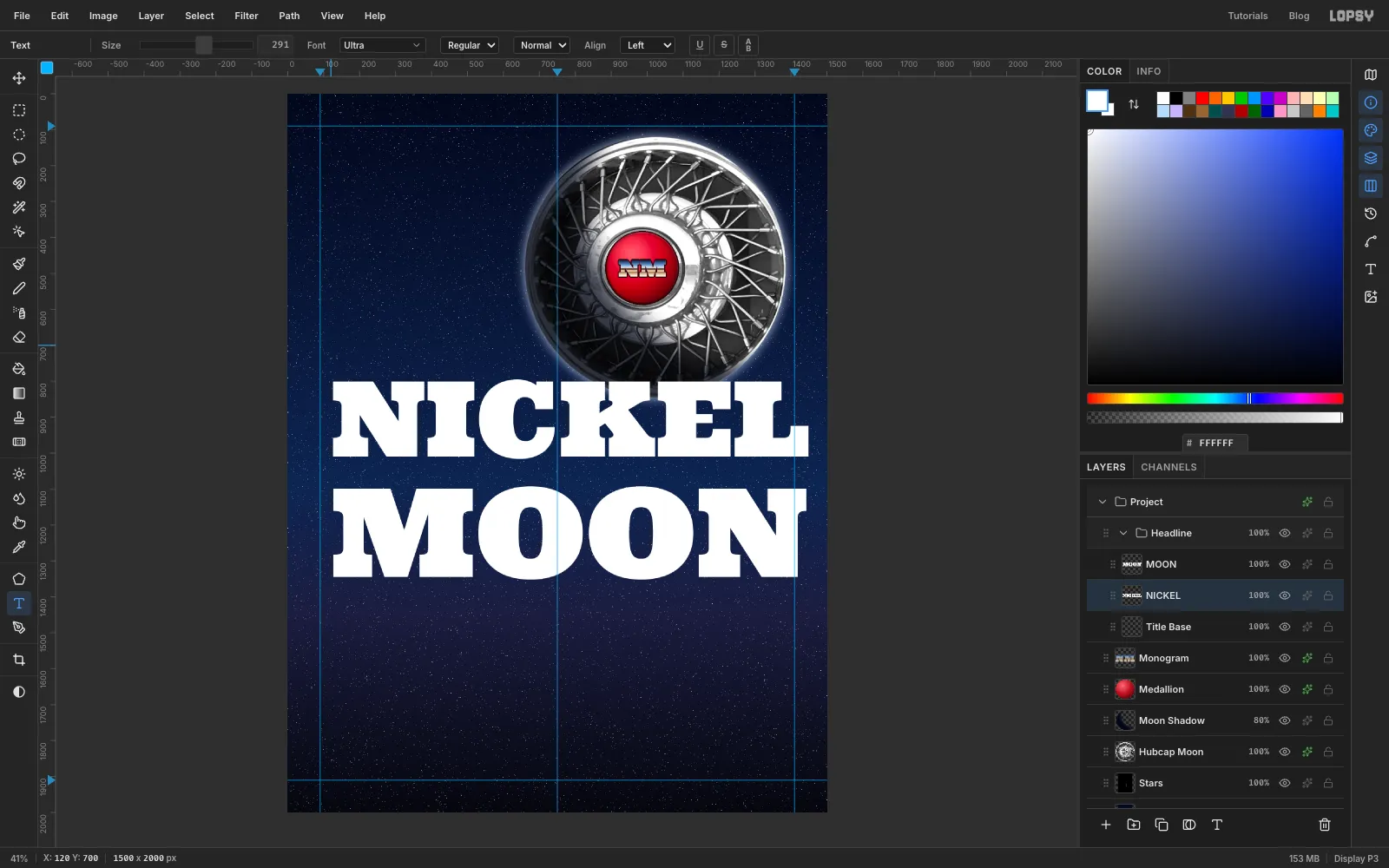 The words NICKEL and MOON in white heavy slab-serif capitals, stacked under the hubcap, just after typing and before they are nudged into place between the margin guides