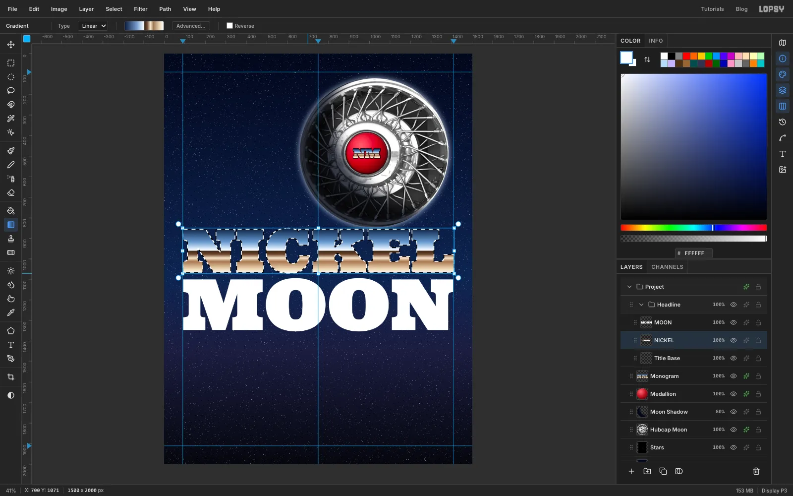 NICKEL filled with the chrome gradient, blue sky on top, a dark horizon line through the middle and tan ground below, with marching ants around the letters; MOON still white
