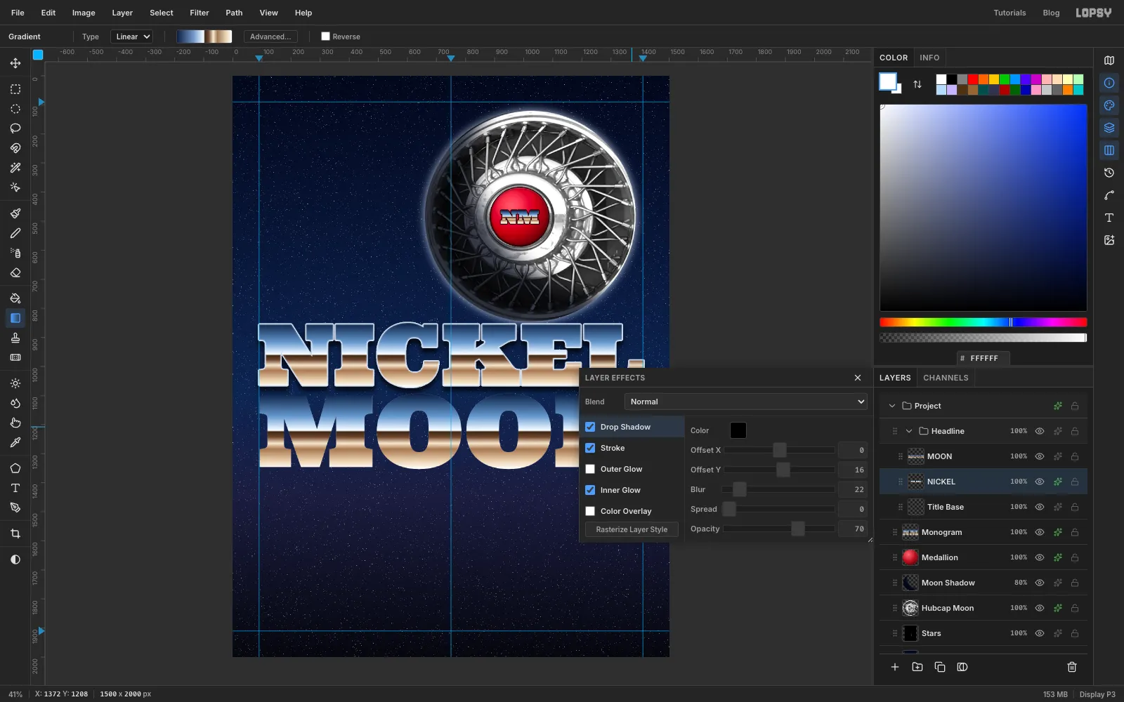 The Layer Effects panel open for NICKEL, with Stroke, Inner Glow and Drop Shadow turned on