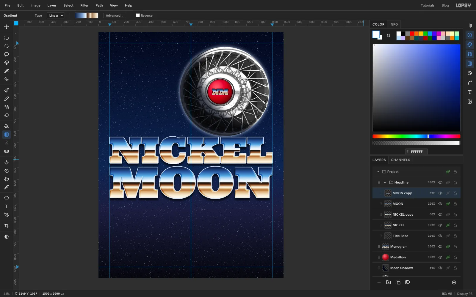 NICKEL MOON with brighter, bevelled chrome: light catches the top-left edges of each letter and shadows fall on the bottom-right edges