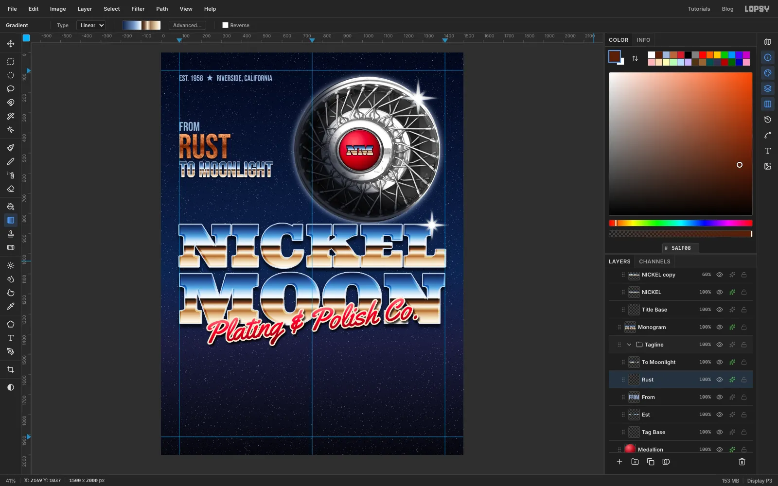 The finished tagline: FROM in blue, RUST in mottled copper with a dark outline, and TO MOONLIGHT in chrome with a silver outline