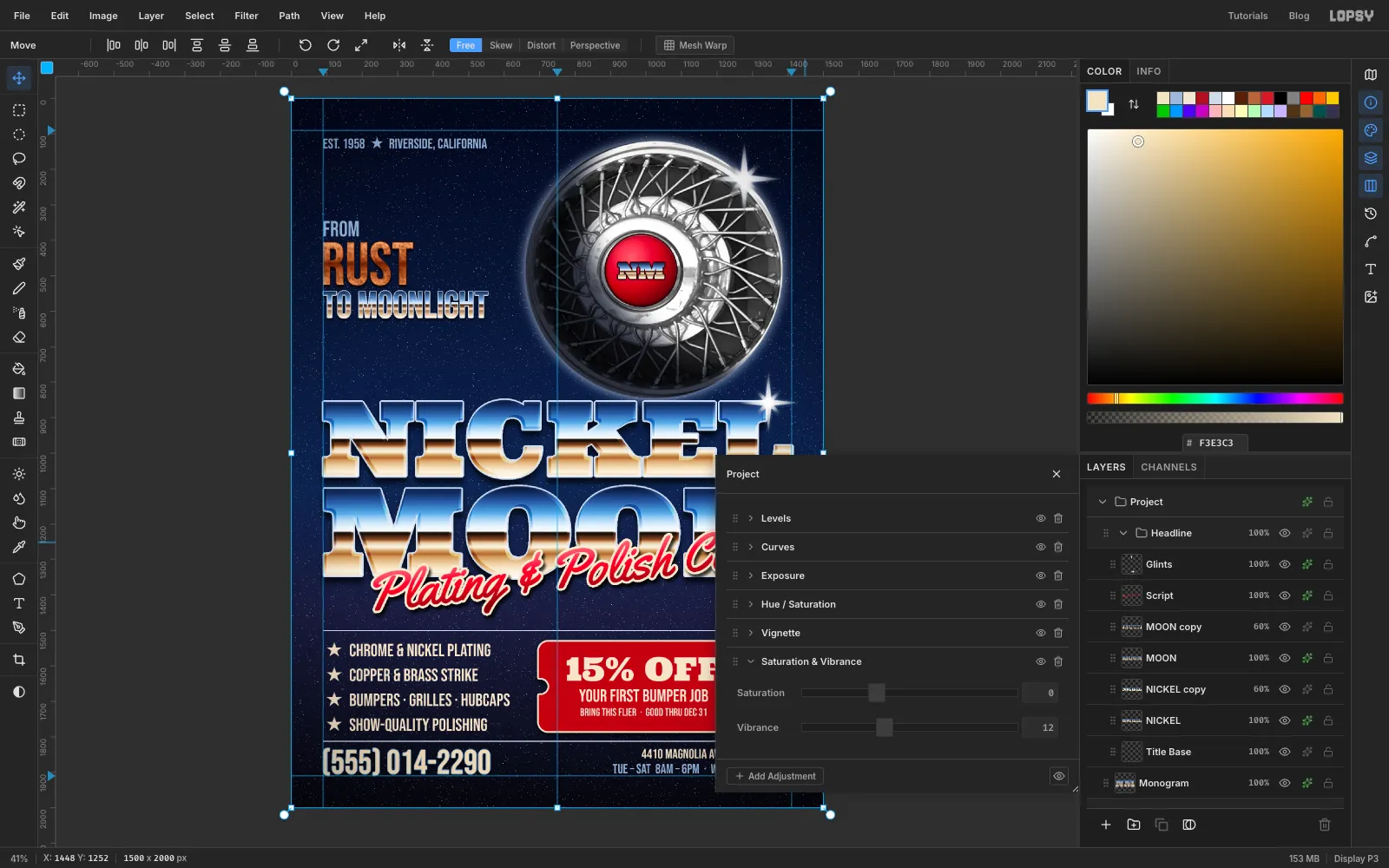 The full flier with slightly darker corners, and the Project group's adjustment stack open showing Vignette and Saturation and Vibrance