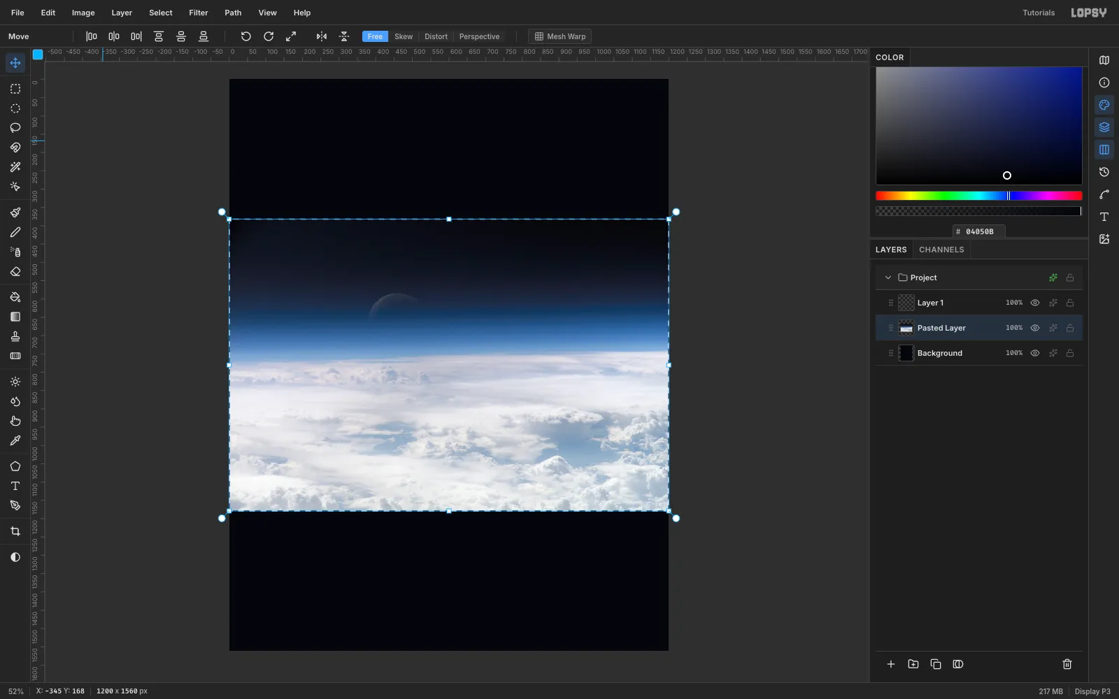 A 1200 by 1560 document with a dark navy background and the pasted photo of Earth's cloud tops, auto-fitted and selected in the middle of the canvas