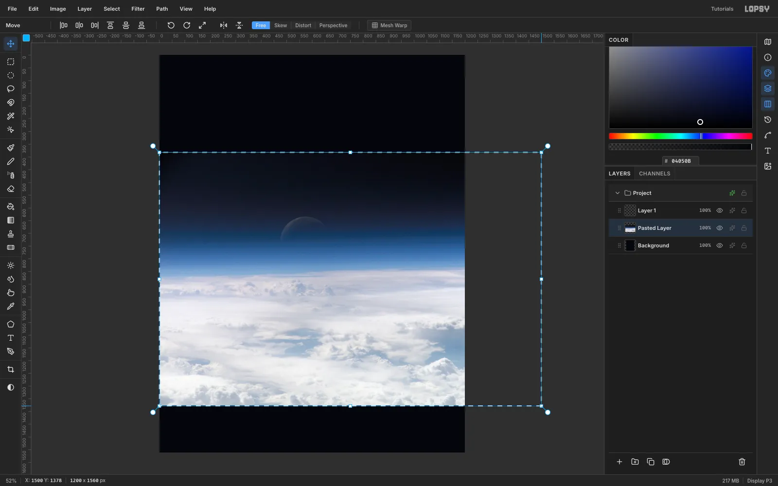 Transform handles around the photo, stretched out past the right edge of the canvas to 1500 pixels wide