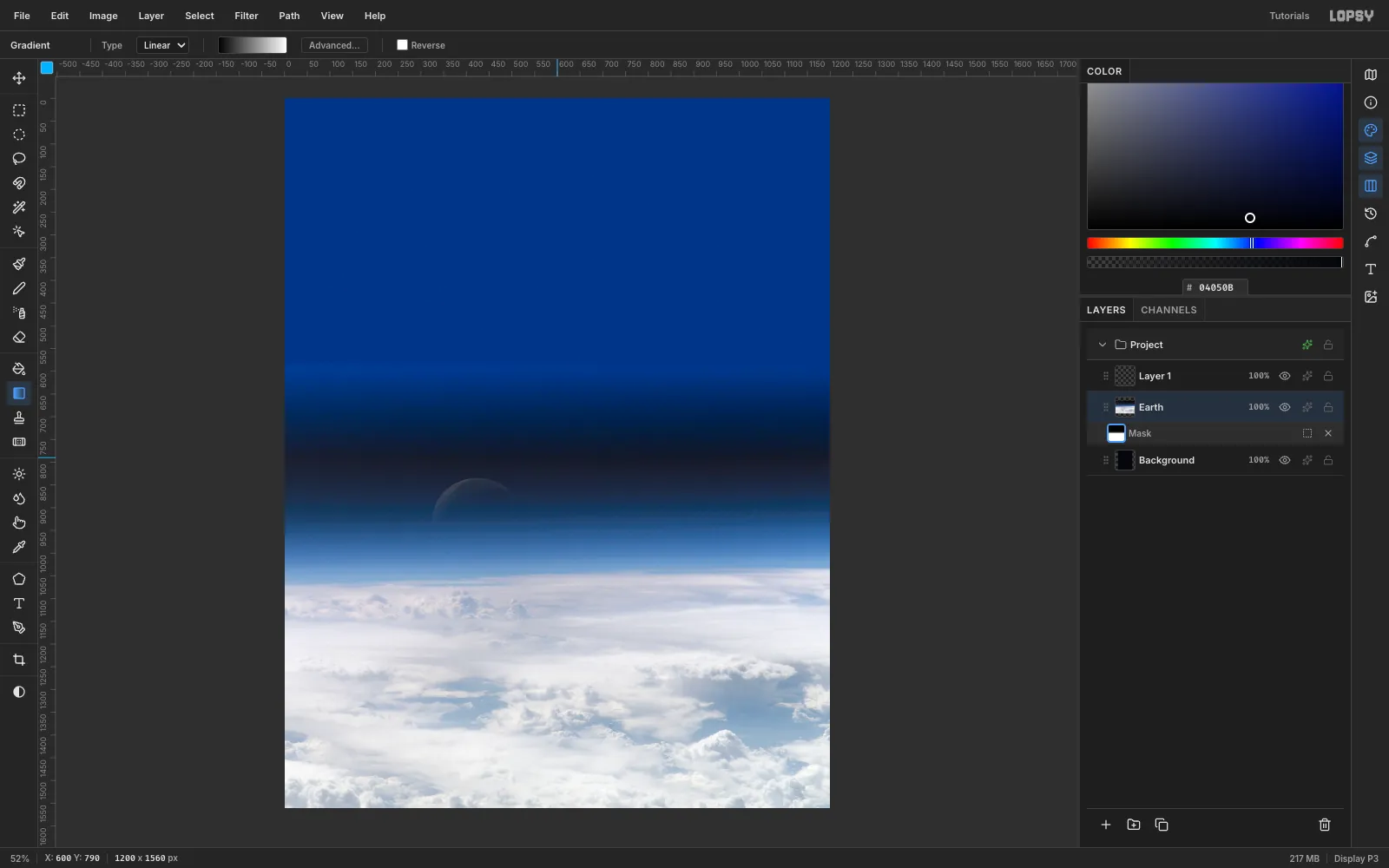 The layer mask in edit mode, with a black-to-white gradient drawn over the top edge of the photo