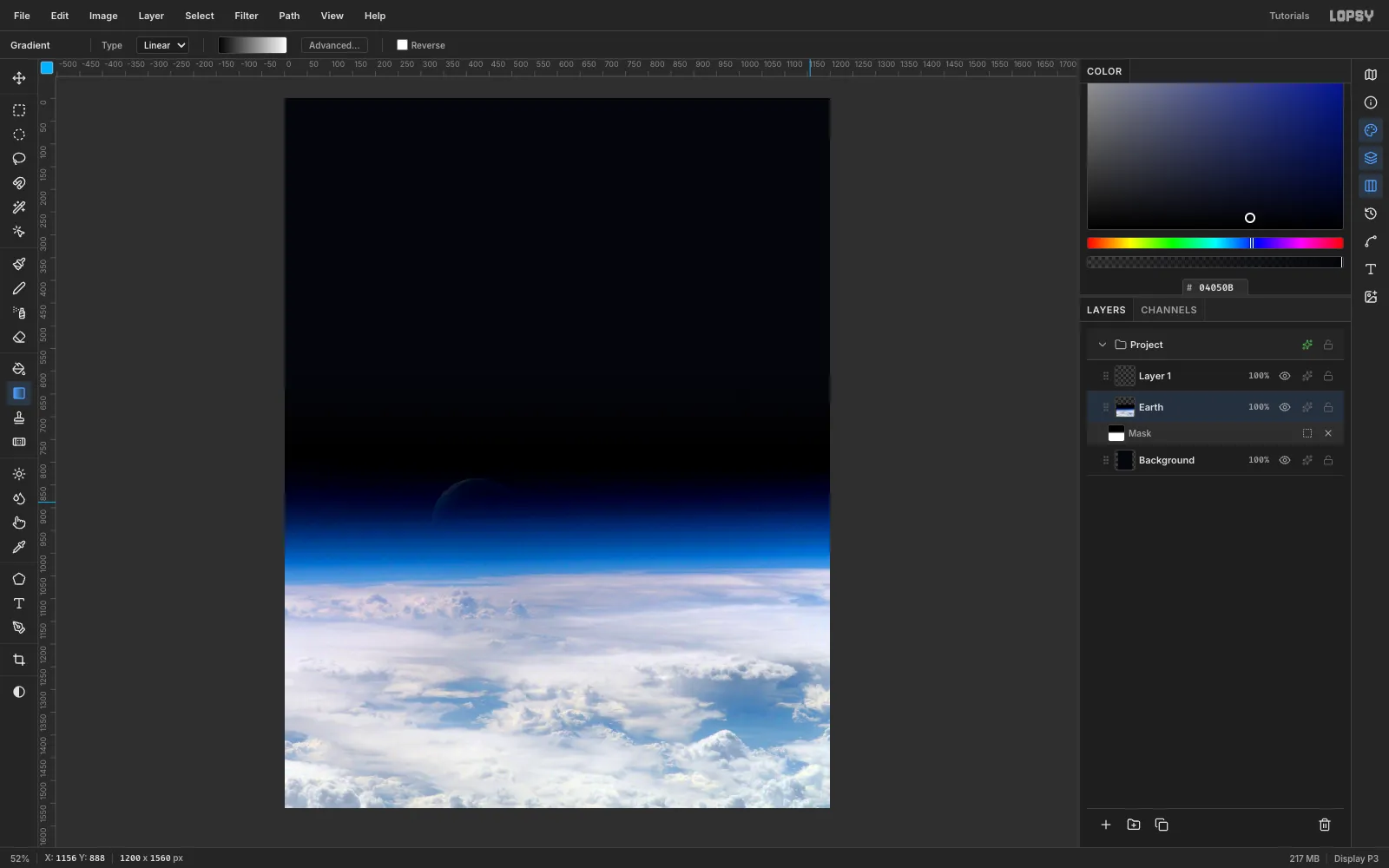 The graded photo, with a deeper, more saturated blue atmosphere and brighter clouds