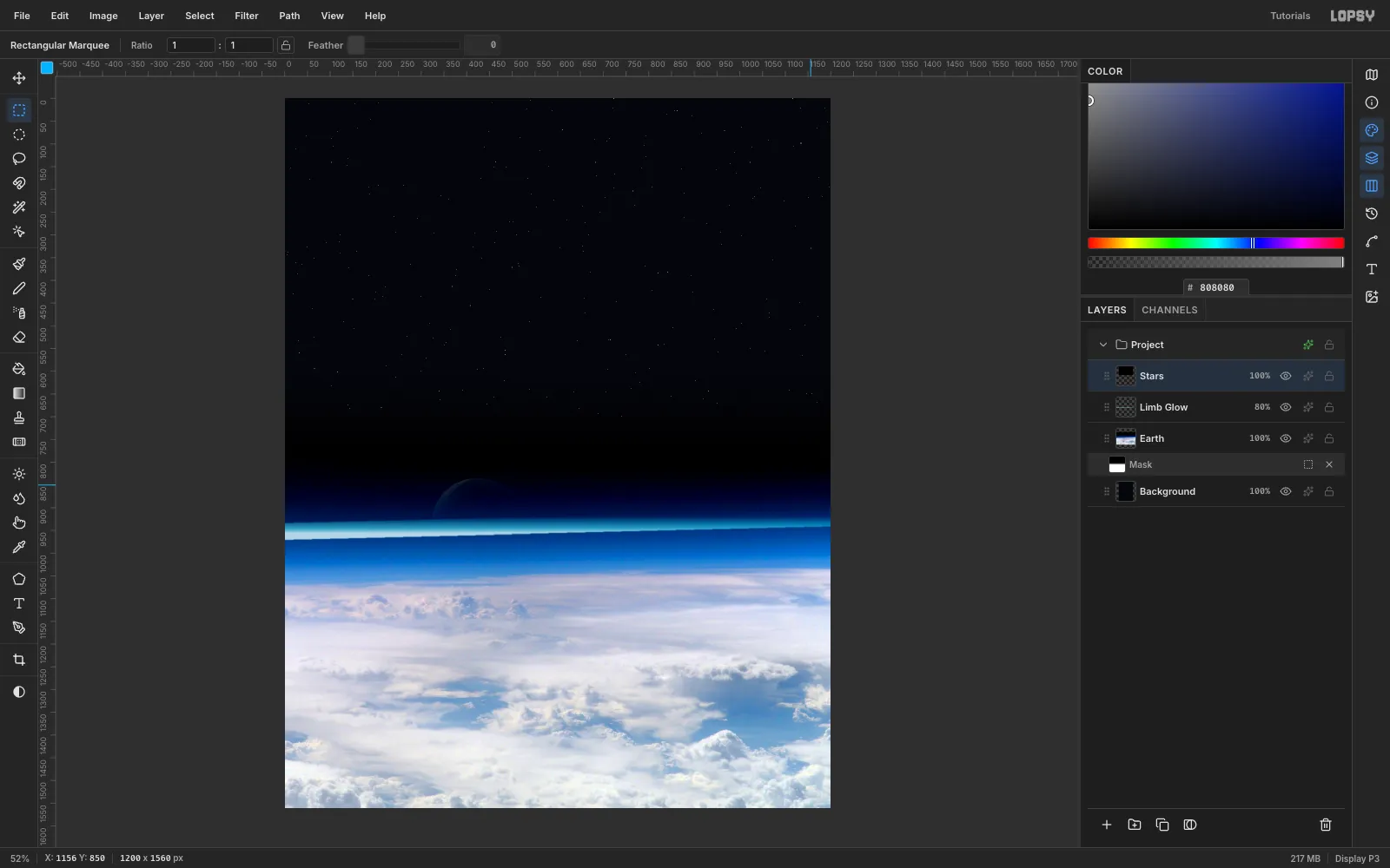 A thin glow along the lit edge of the atmosphere, and a sparse starfield in the black sky above