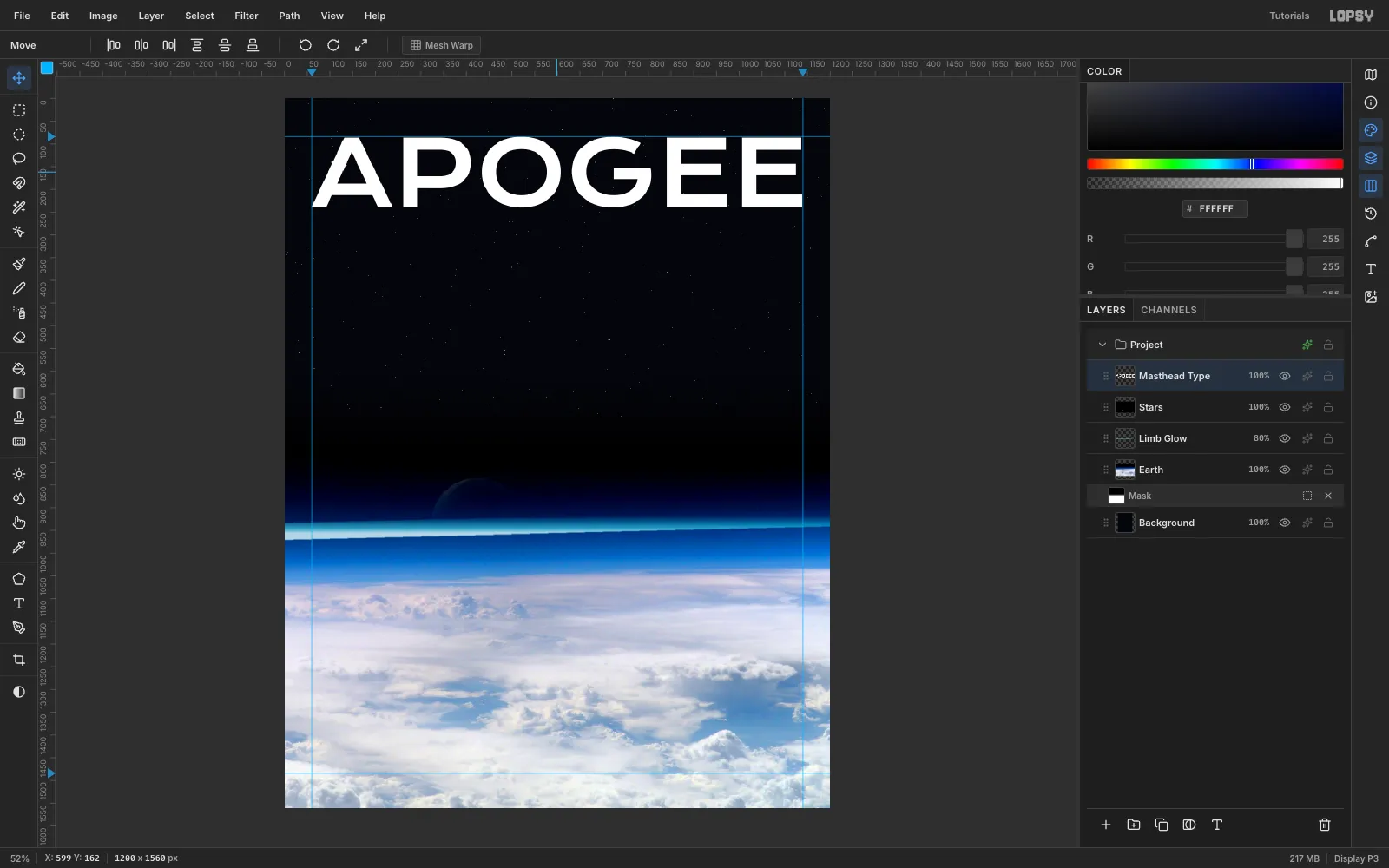 APOGEE set in white Krona One across the top of the page, with blue guides at the 60 pixel margins