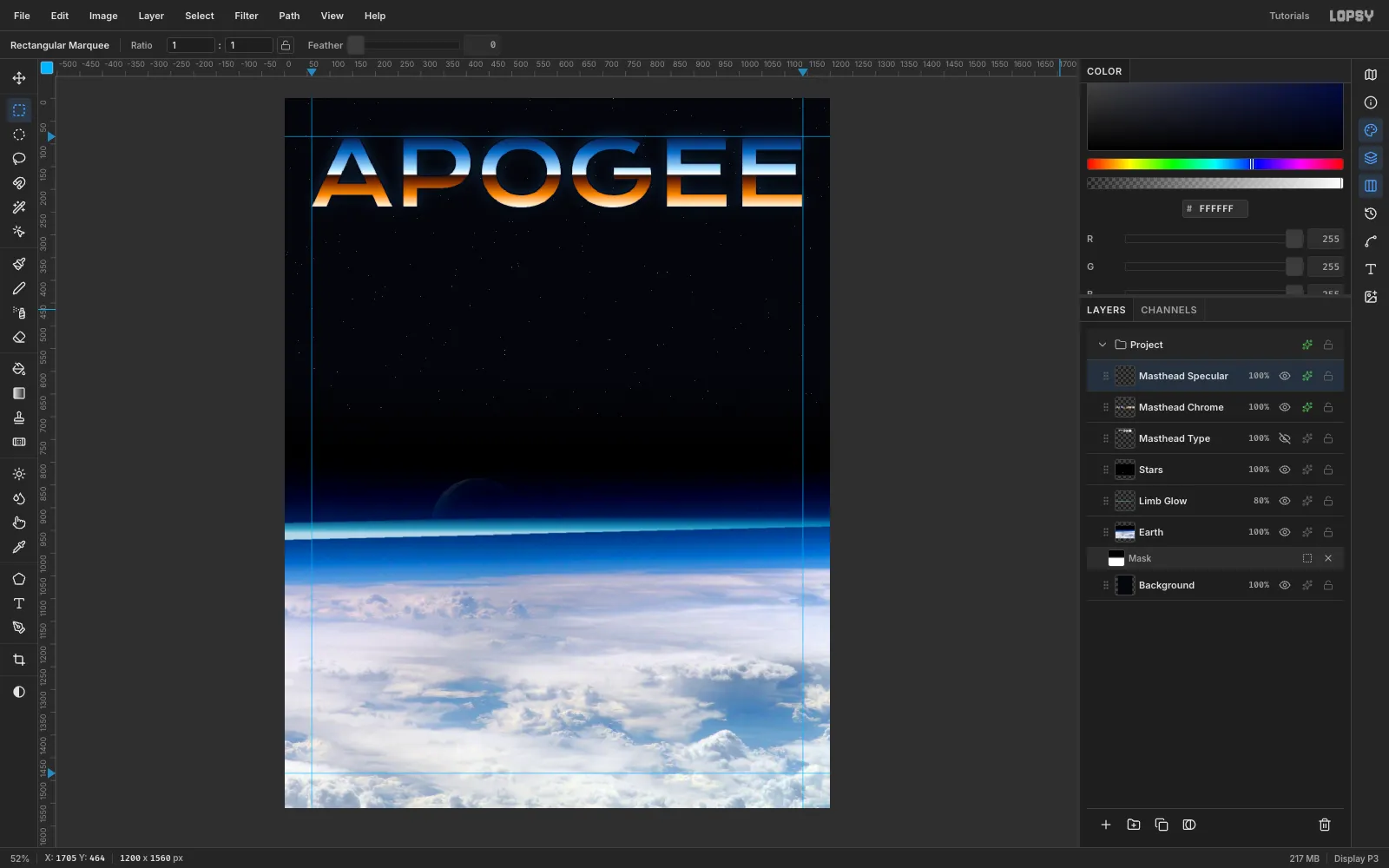 The chrome masthead with a dark outline, a soft blue glow and a drop shadow, and a crisp white highlight along the horizon line