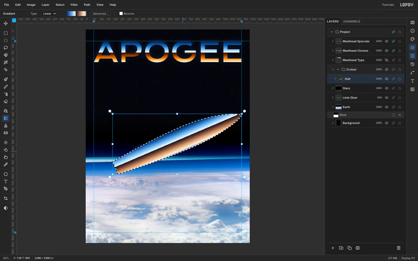 A long cigar-shaped hull selected with the Lasso and filled with the chrome gradient, climbing diagonally across the page