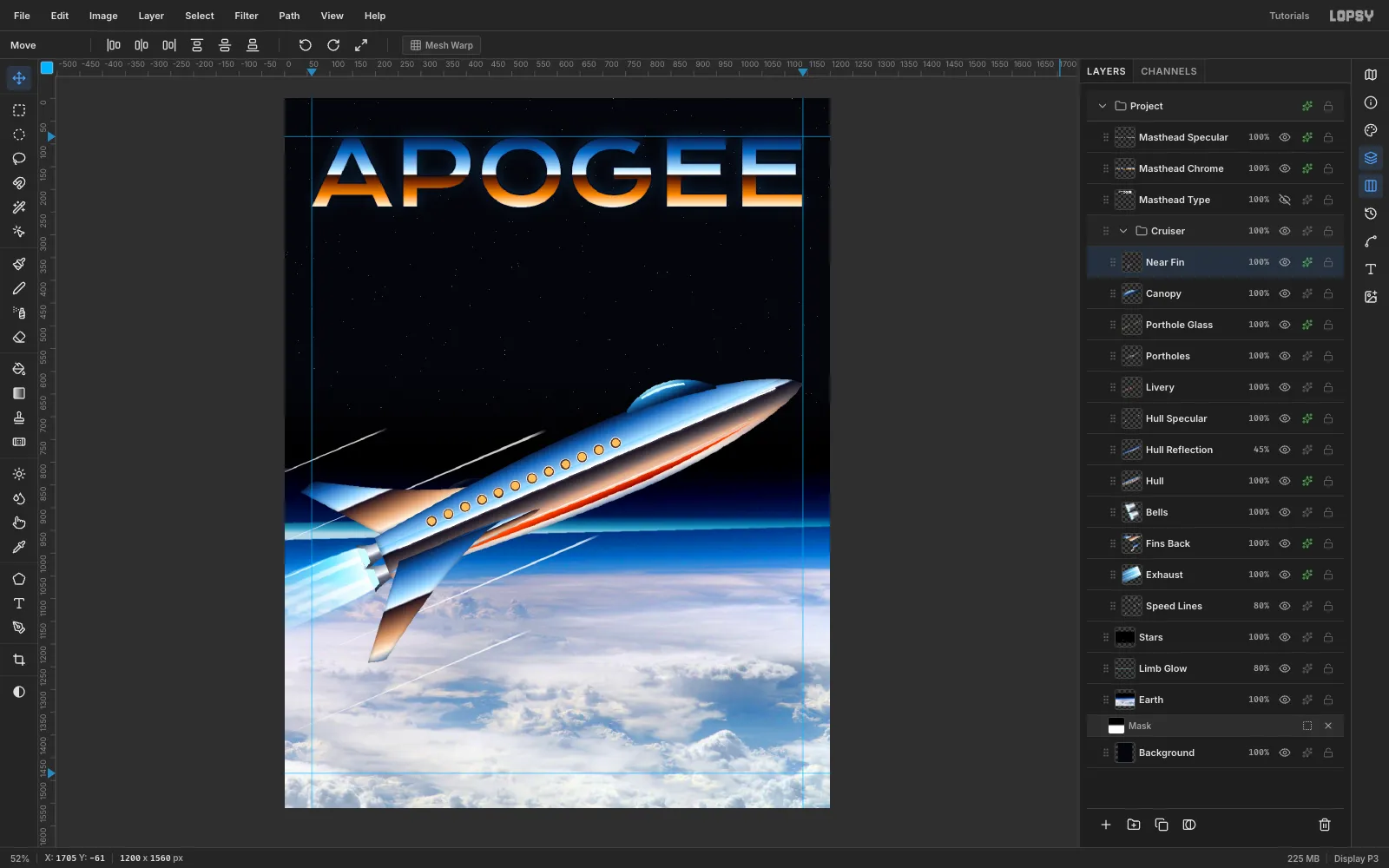 The reflection clipped to the hull and blended in Overlay, adding cloud and sky tones to the chrome
