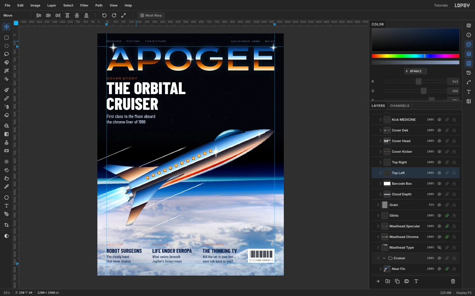COVER STORY in orange, THE ORBITAL CRUISER in heavy white condensed capitals, and a two-line description, all on the left margin under the masthead