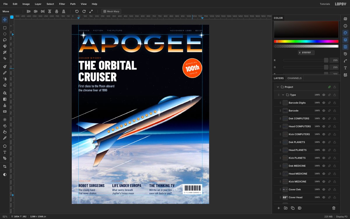 Lopsy editing the finished APOGEE cover, with a chrome masthead above a chrome rocket liner climbing over Earth's cloud tops