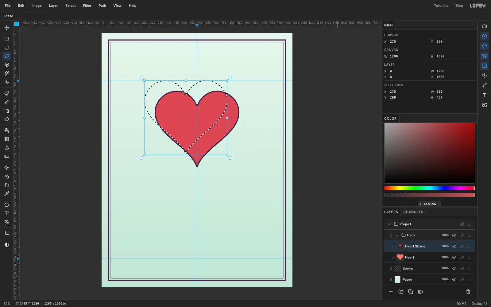 A darker coral copy of the heart on a new Heart Shade layer, with the heart-shaped selection outline slid up and to the left of it