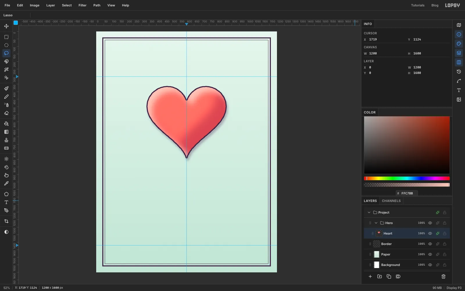 The heart now looks like a puffy coral cushion, darker on the lower right, with a pale rim on the upper left and a soft shadow underneath