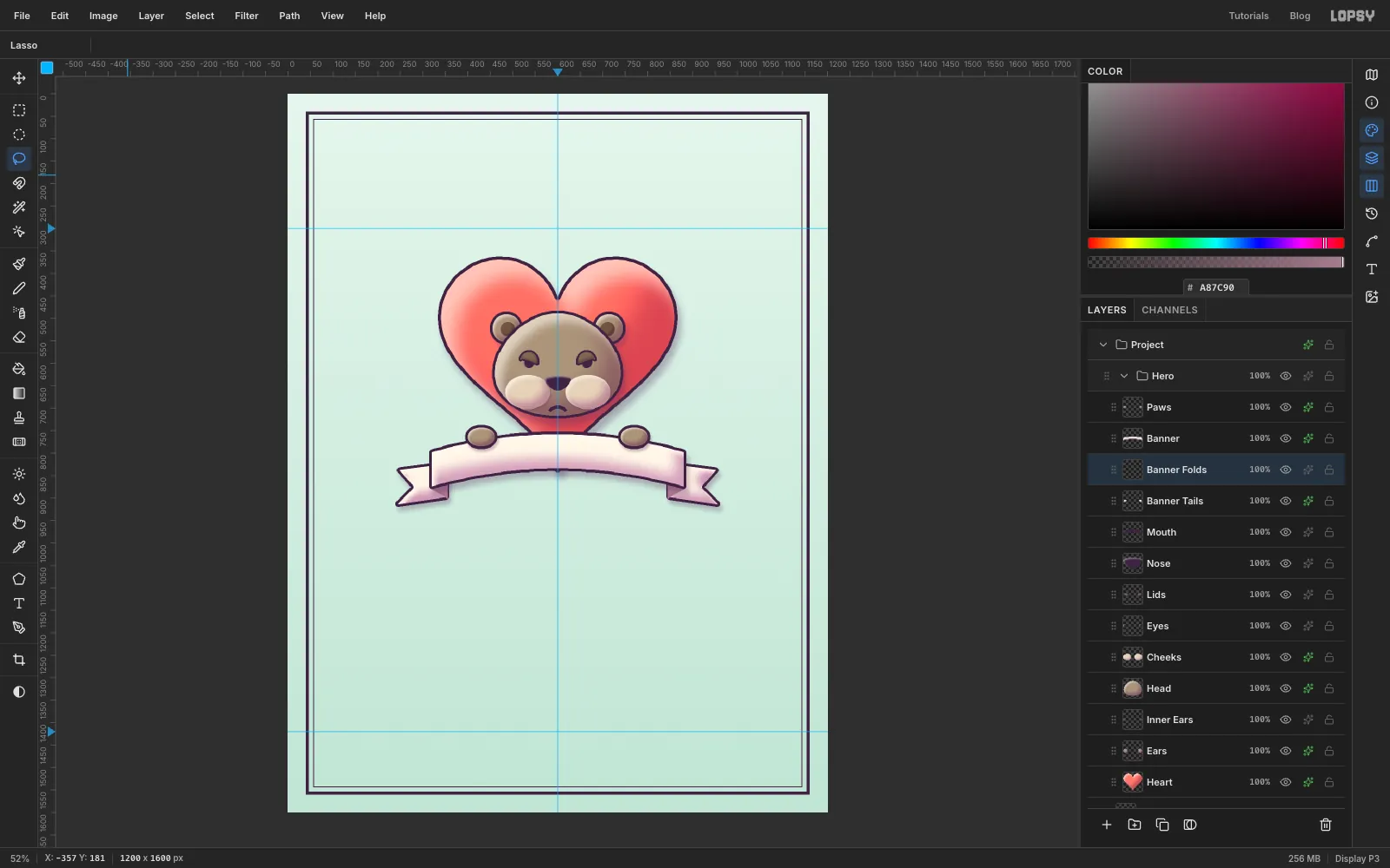 An arched cream banner with folded tails across the bottom of the heart, and two khaki paws gripping its top edge