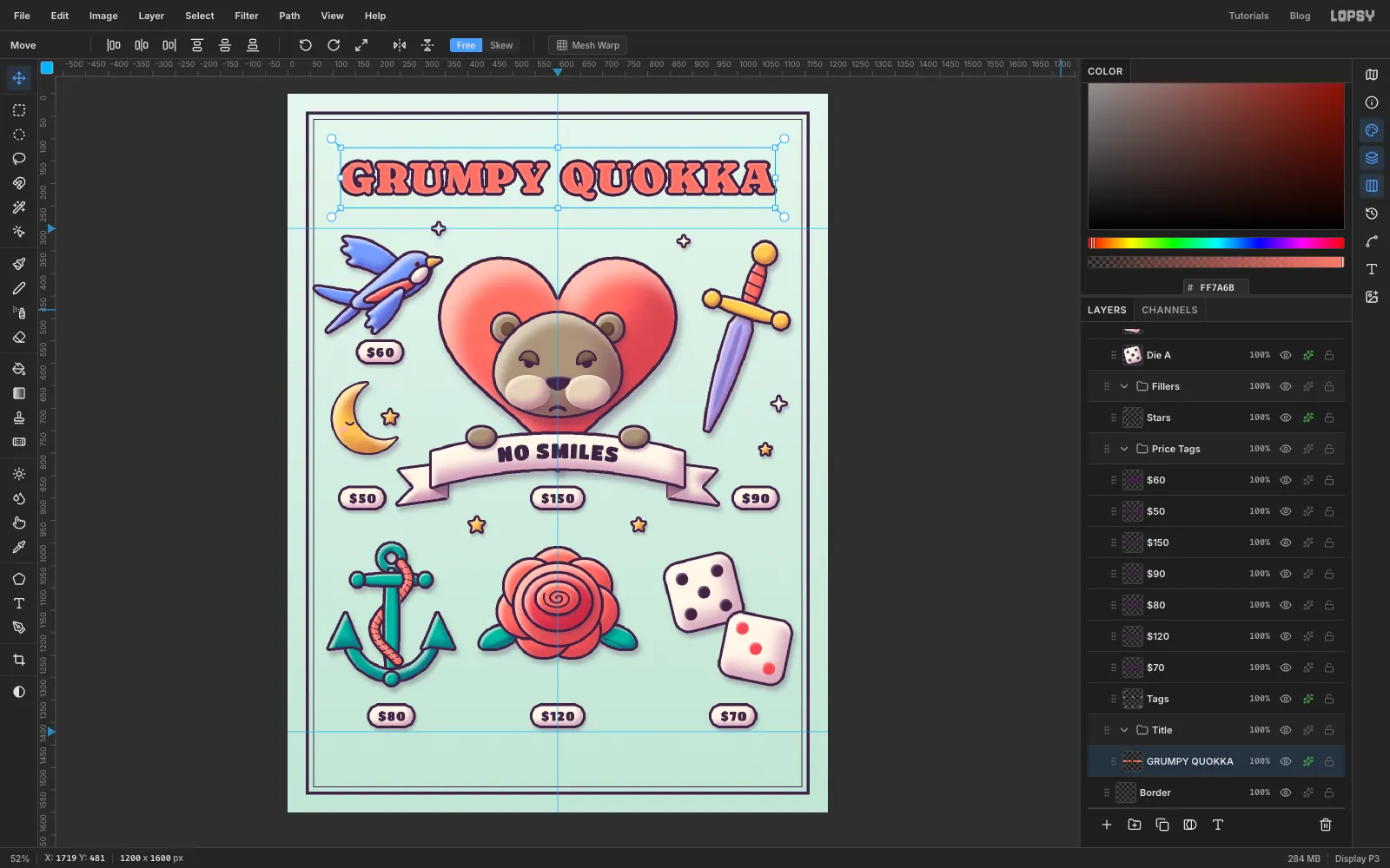 GRUMPY QUOKKA in chunky coral letters with a plum outline across the top of the sheet