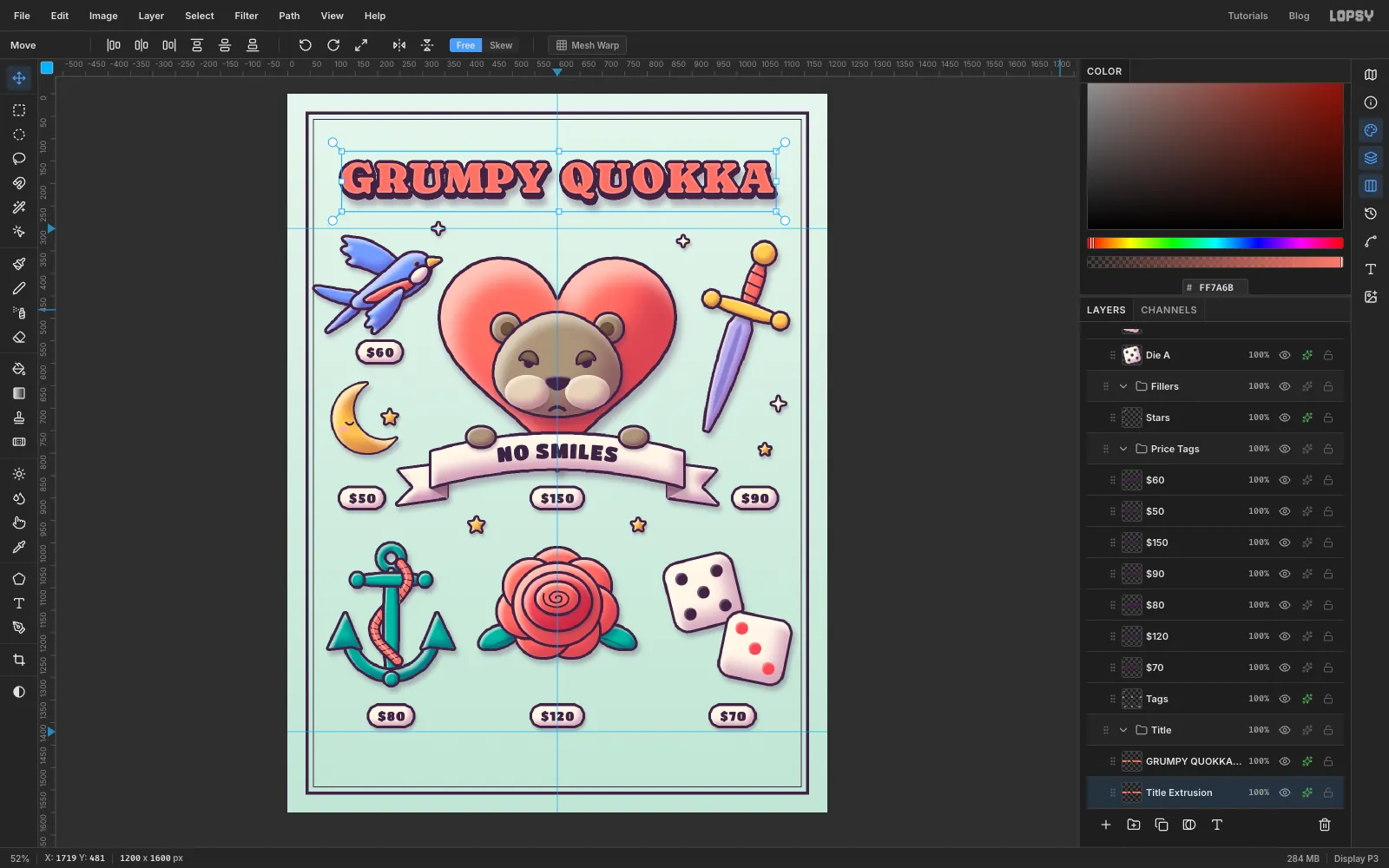 The title now has a solid plum extrusion below and to the right of every letter and a soft shadow, so it looks like thick clay type