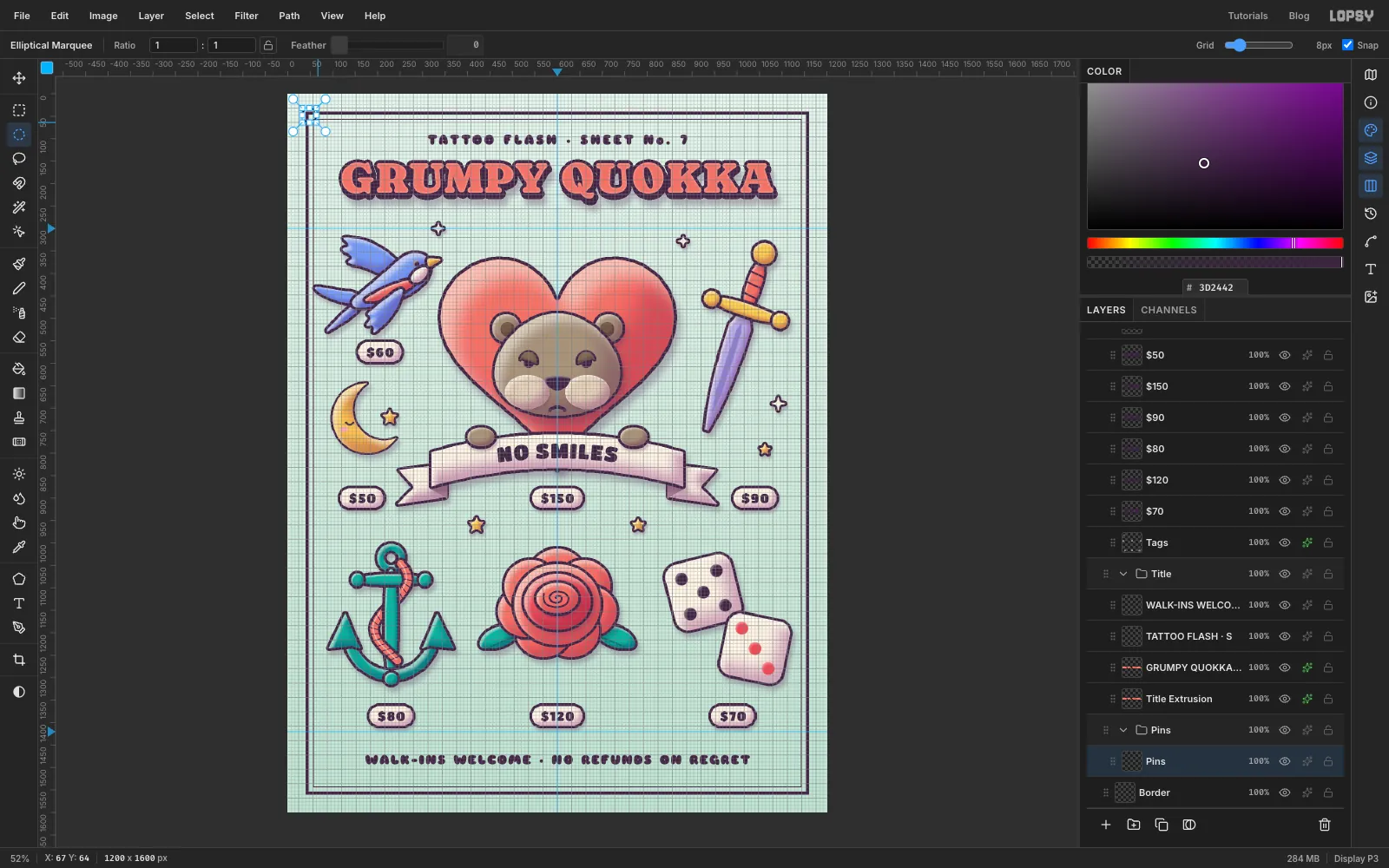 An 8 px grid over the sheet with a circular selection snapped exactly onto the top-left corner of the border