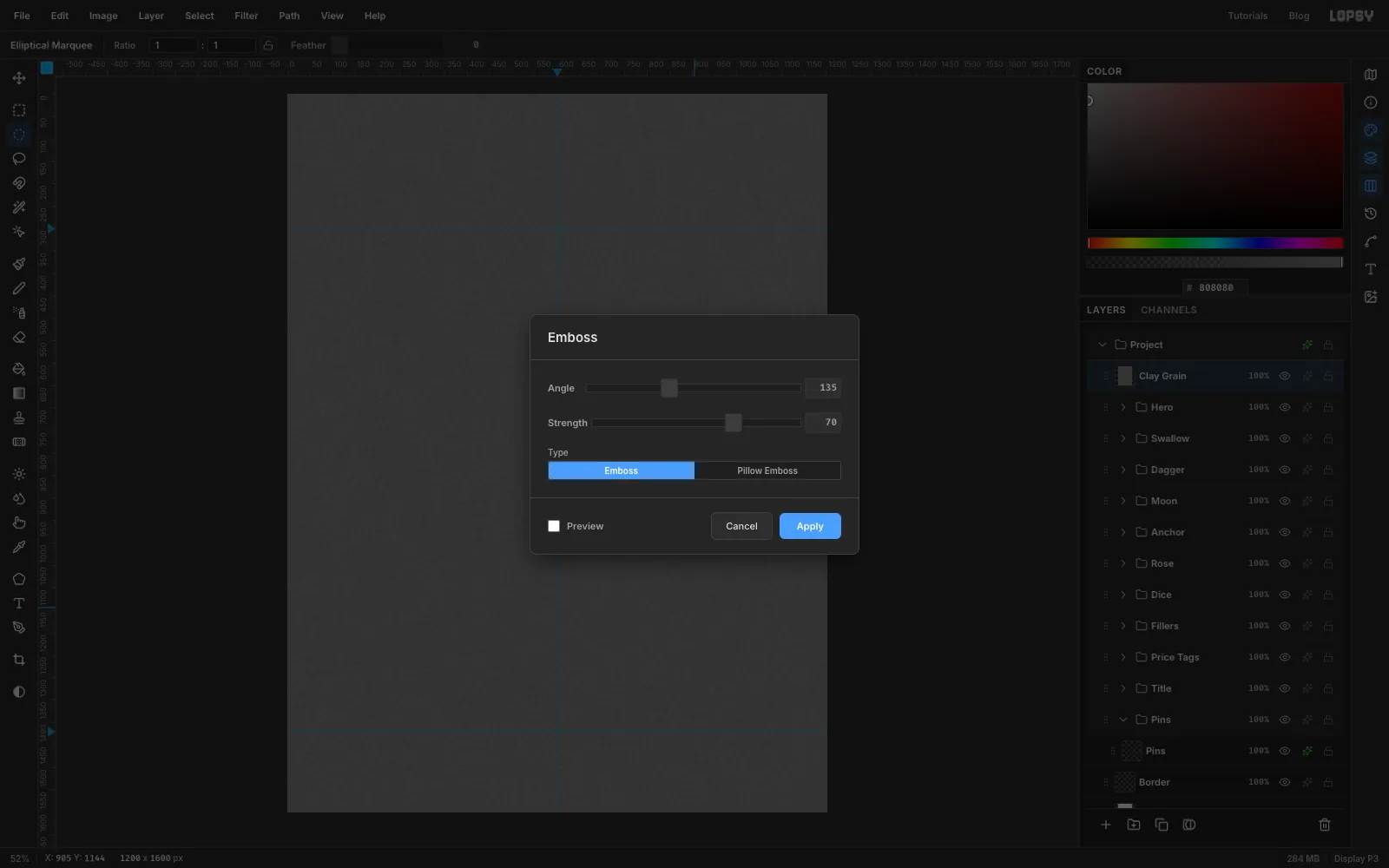 The Emboss dialog with Angle 135 and Strength 70 over the grey noise layer