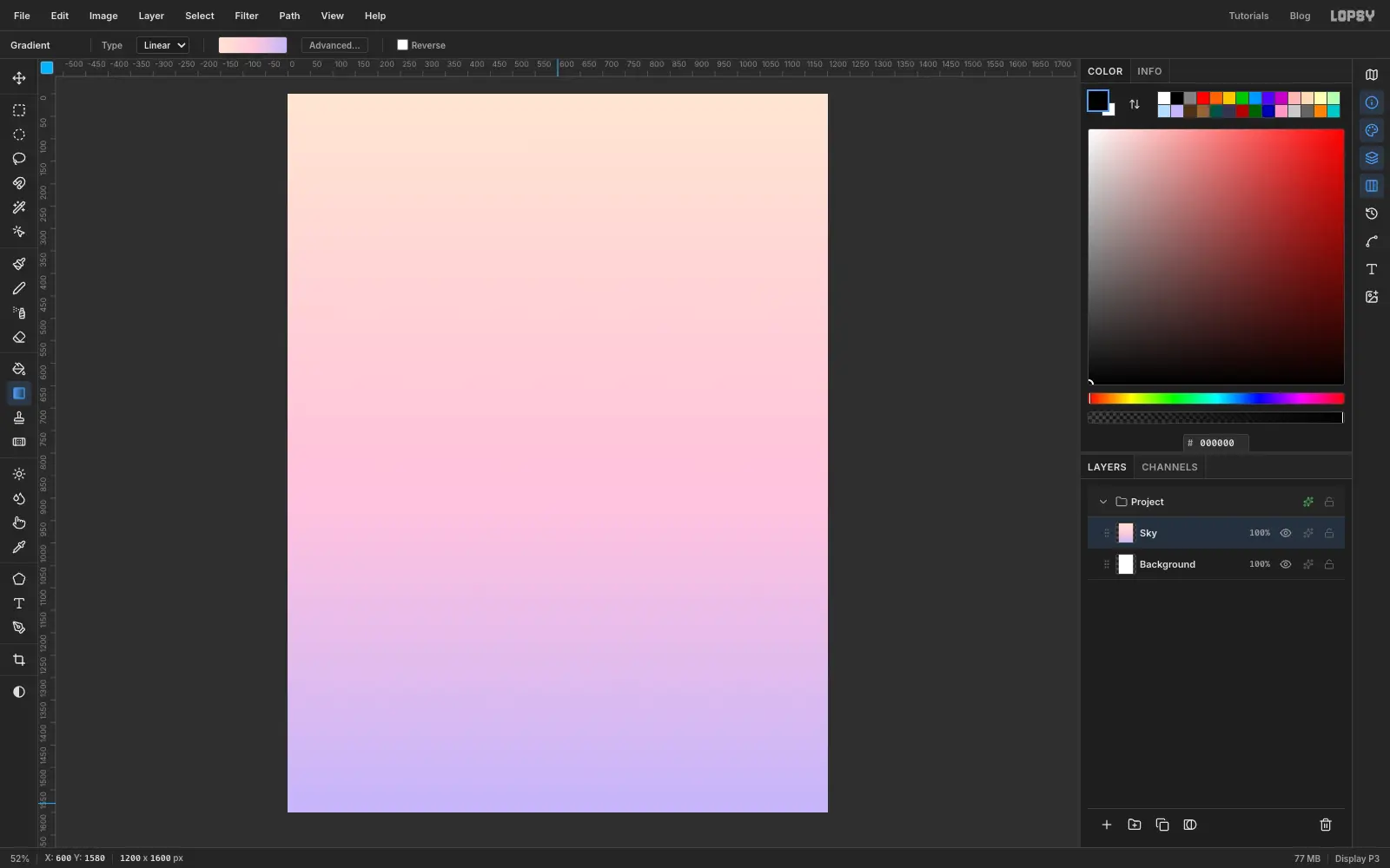 The canvas filled with a vertical gradient from peach at the top through pink to lavender at the bottom