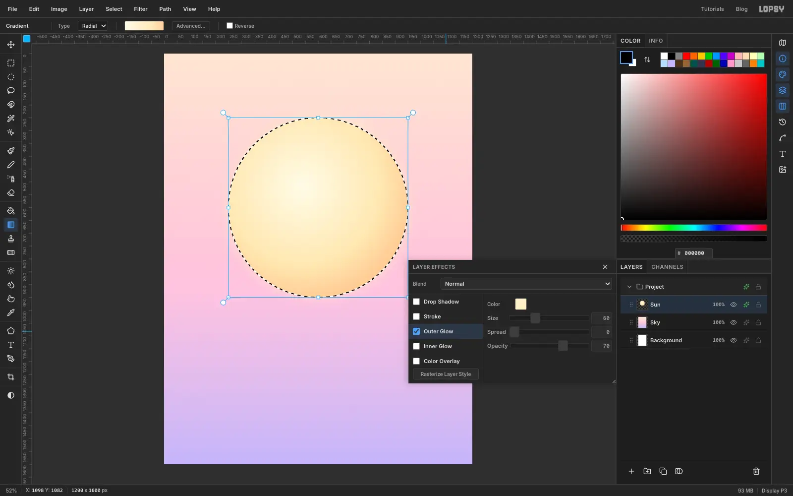 A cream circle with a soft glow on the sky, with a circular selection around it and the Layer Effects panel open on Outer Glow
