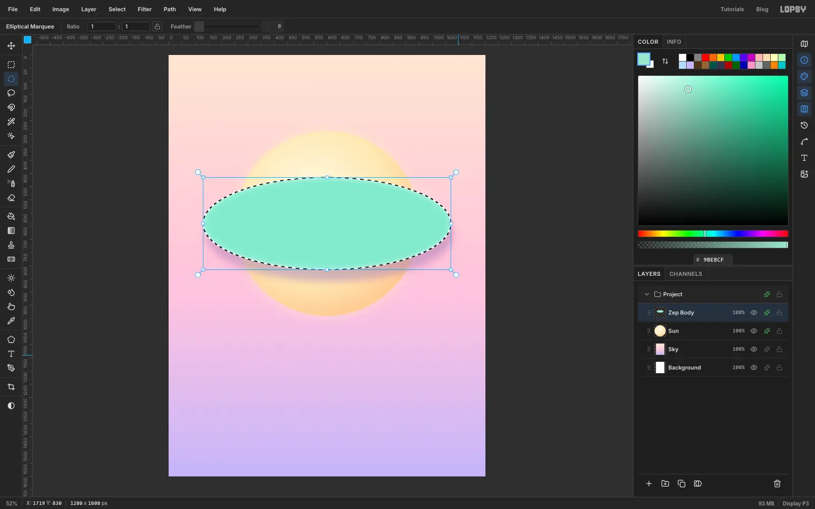 A mint ellipse on the sun with a soft purple shadow beneath it and a bright inner edge, with the ellipse selection still active