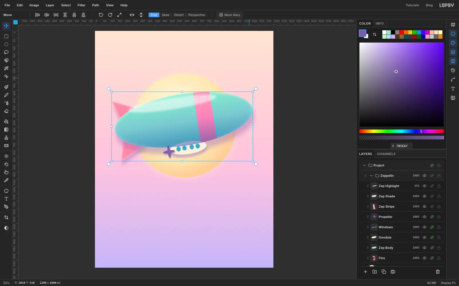 The whole airship selected as one group with a bounding box, tilted so the nose points up and to the right