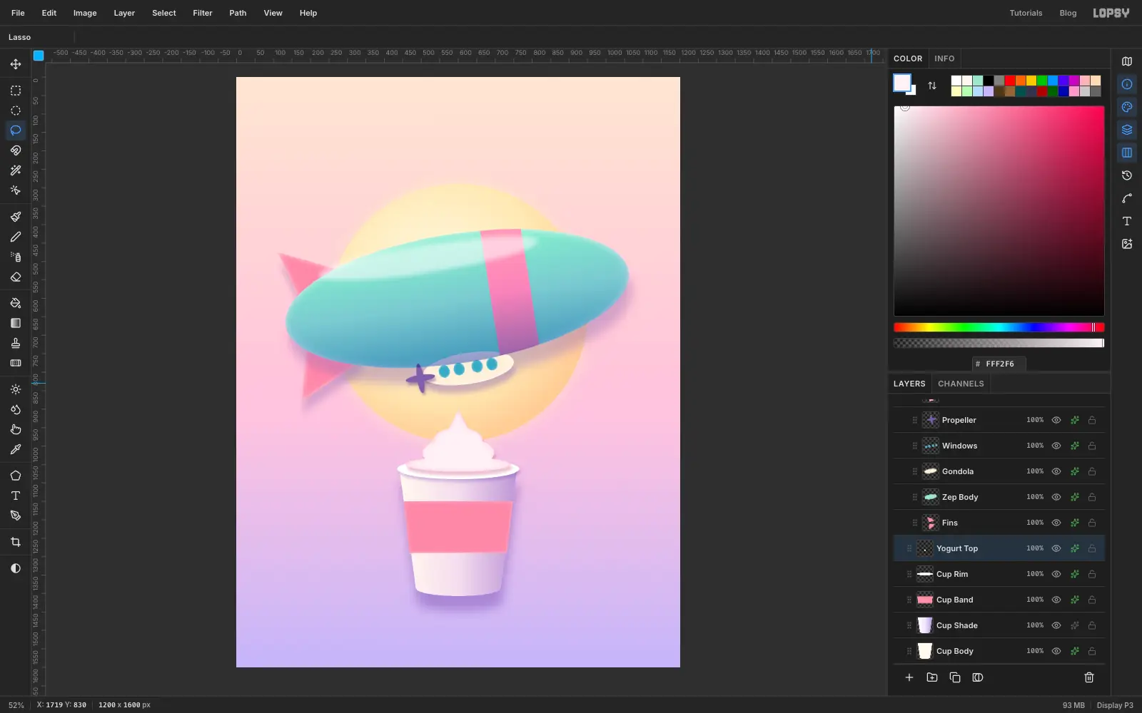 A white paper cup with a pink band, a pink-white soft-serve swirl and a rim, standing on the lavender sky