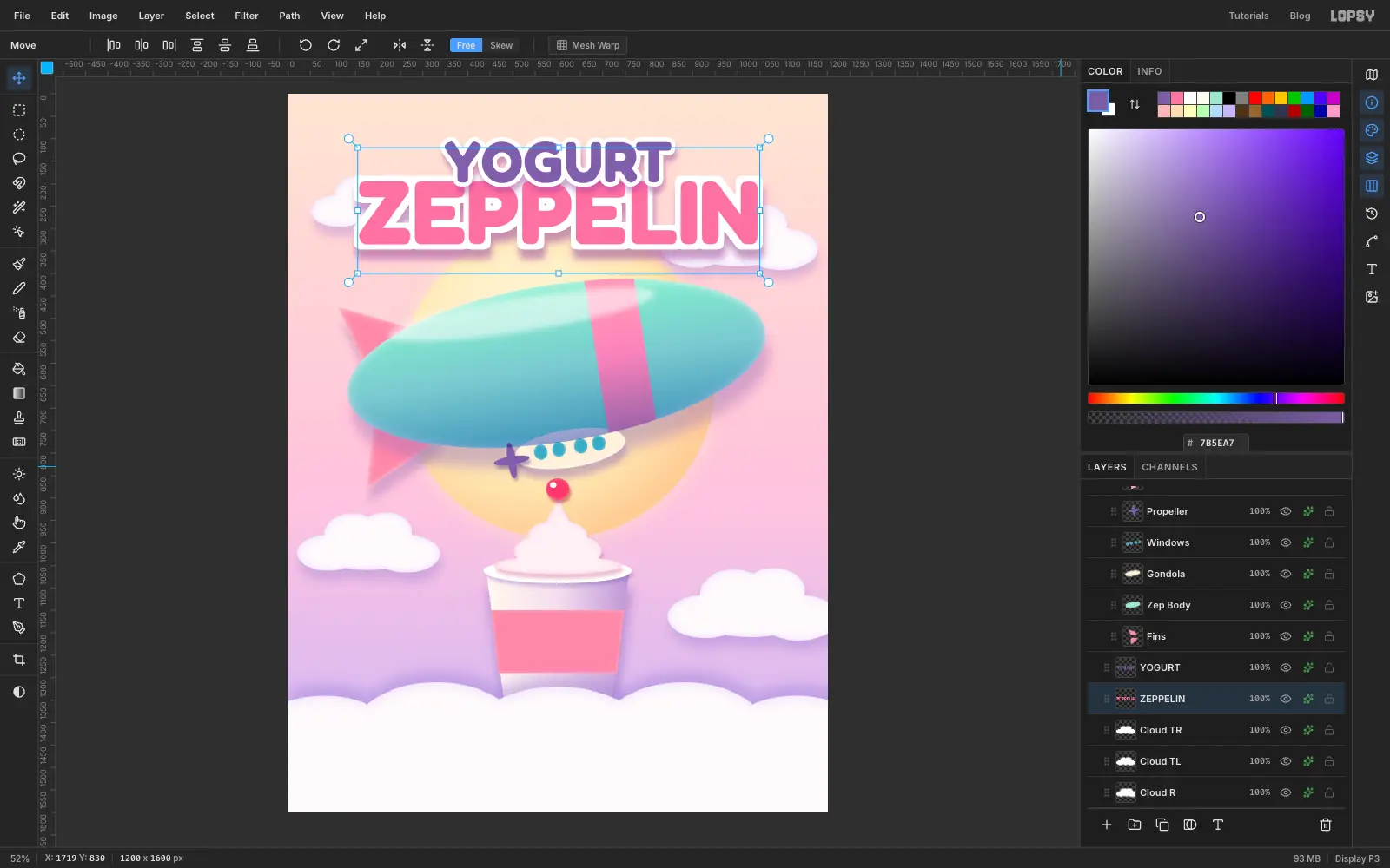 The words YOGURT and ZEPPELIN at the top in purple and pink with thick white outlines and soft shadows