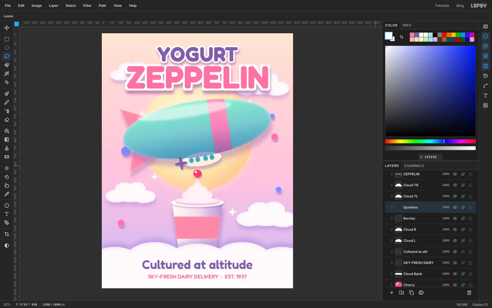 Cultured at altitude and a smaller pink tagline sit on the cloud bank. Blue and pink clay berries and white four-point sparkles float around the airship