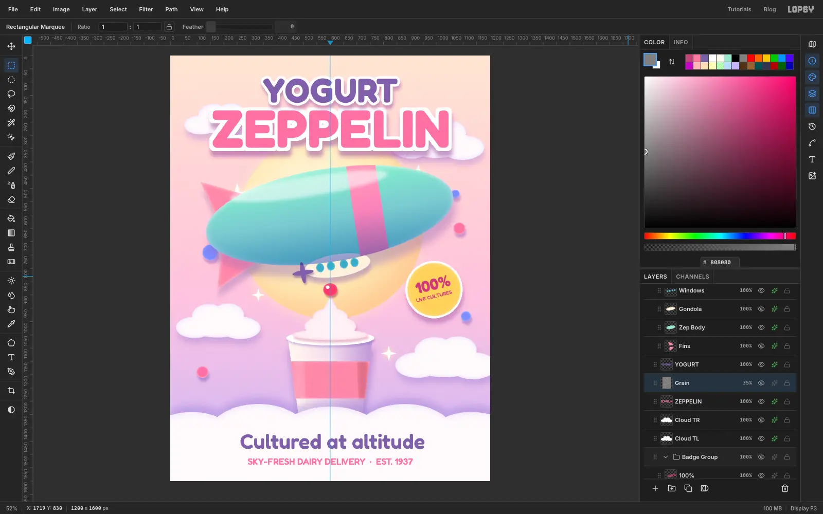 The poster with a fine monochrome grain over all of the soft gradients